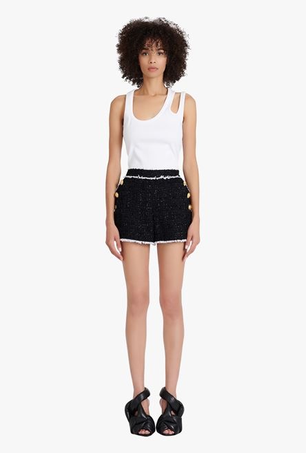 High-waisted black and white tweed shorts - 4