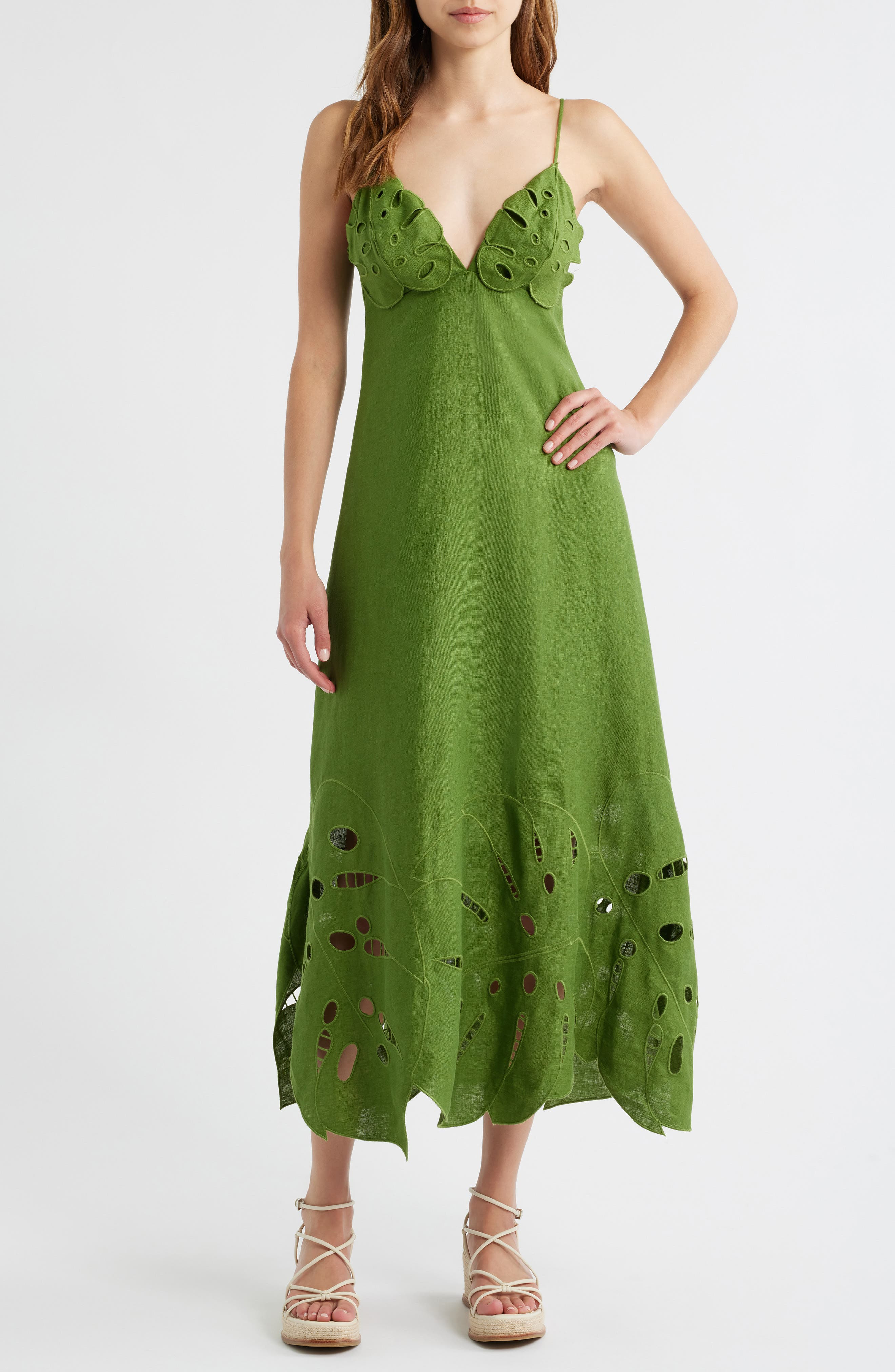 FARM Rio Monstera Embroidery Linen Midi Dress in Green at Nordstrom - 1