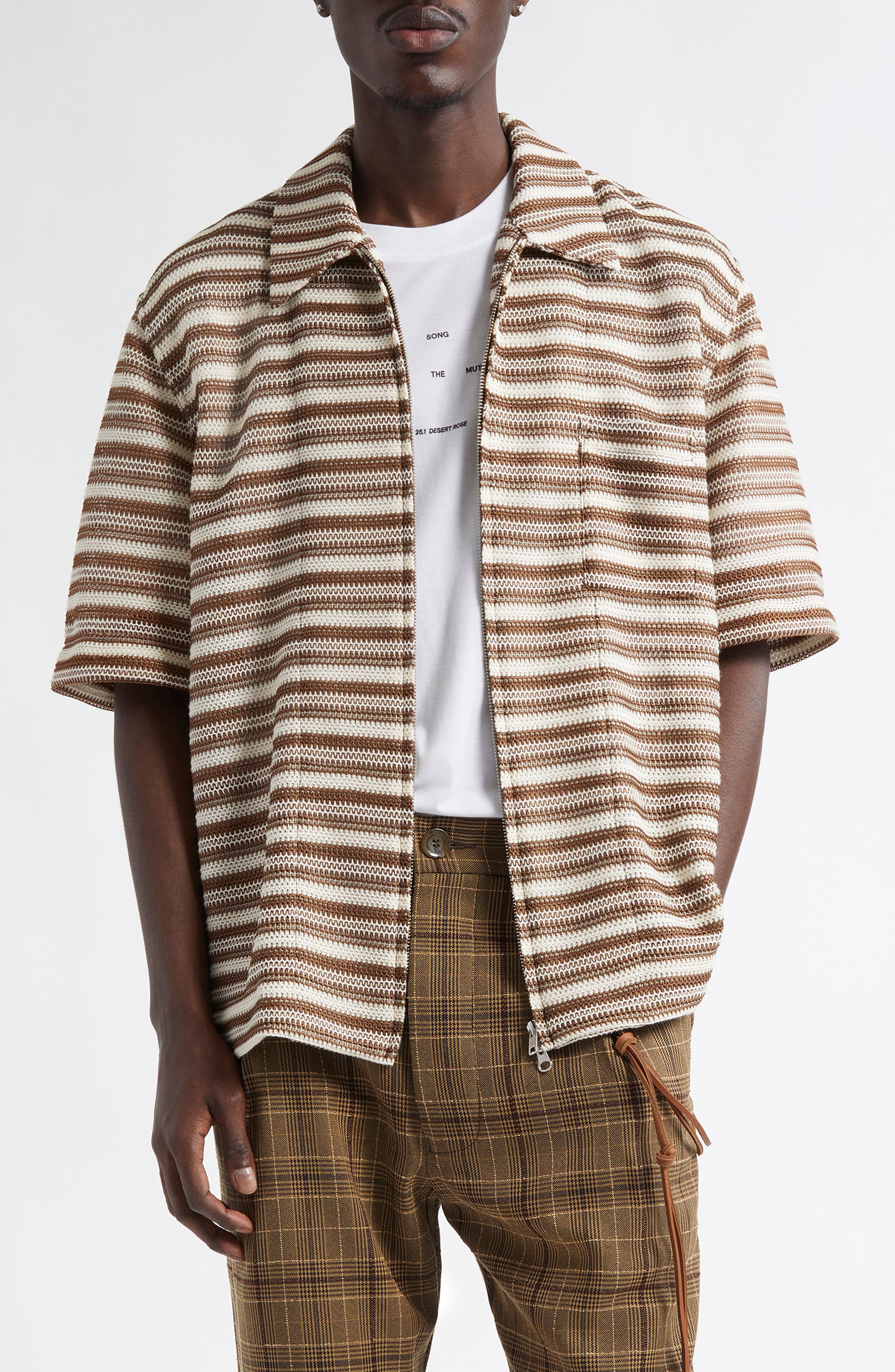 SONG FOR THE MUTE Boxy Stripe Zip Shirt in Brown /Ivory at Nordstrom - 1