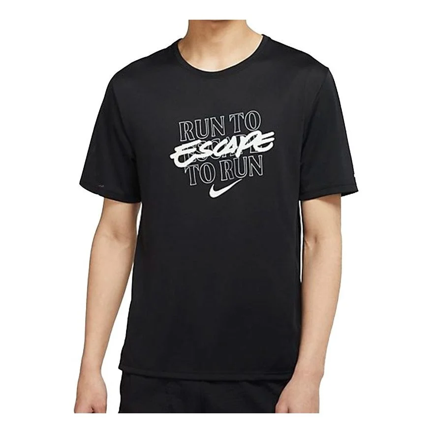 Nike Miler Wild Run Logo Printing Quick Dry Training Sports Short Sleeve Black DA1182-010 - 1