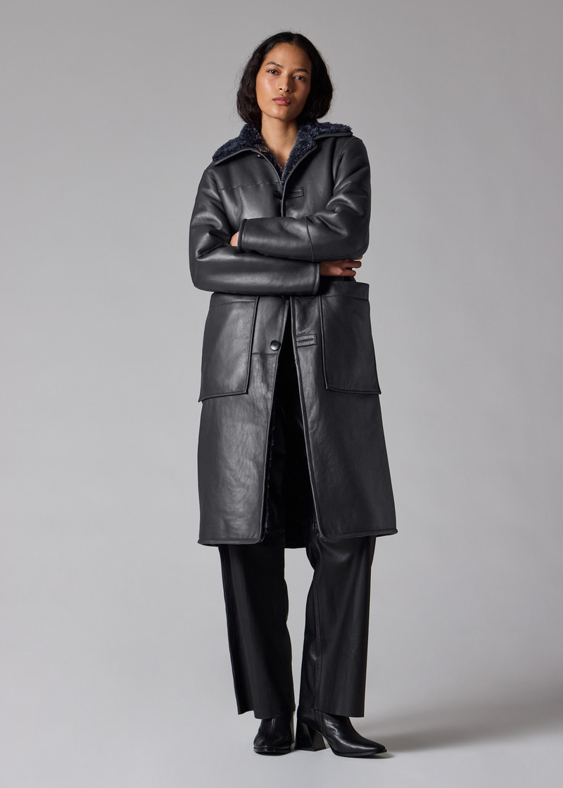 Women's Navy Reversible Leather and Shearling Coat 18