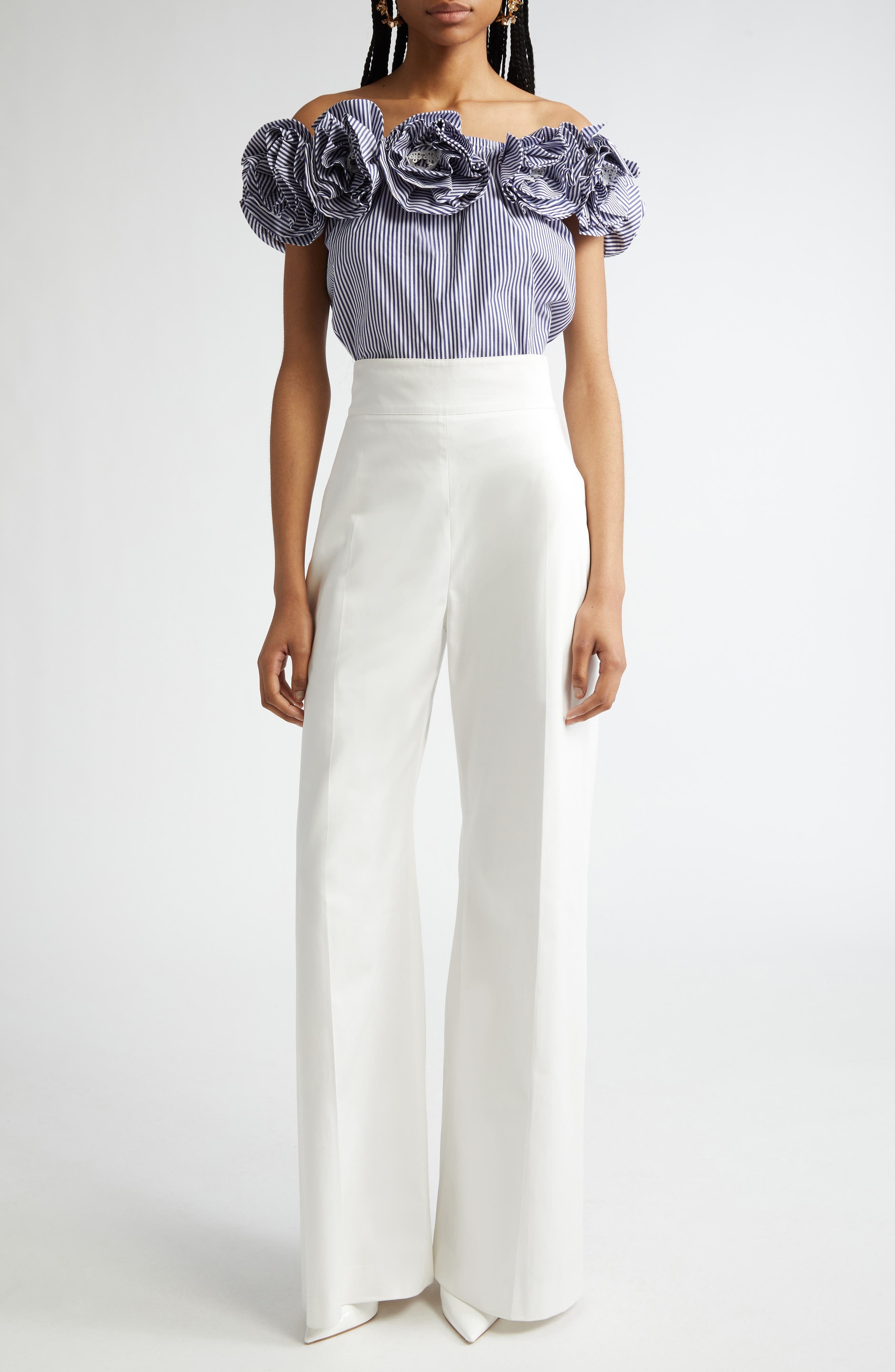 Carolina Herrera Embroidered Flower Off the Shoulder Top in White/Blue at Nordstrom - 2