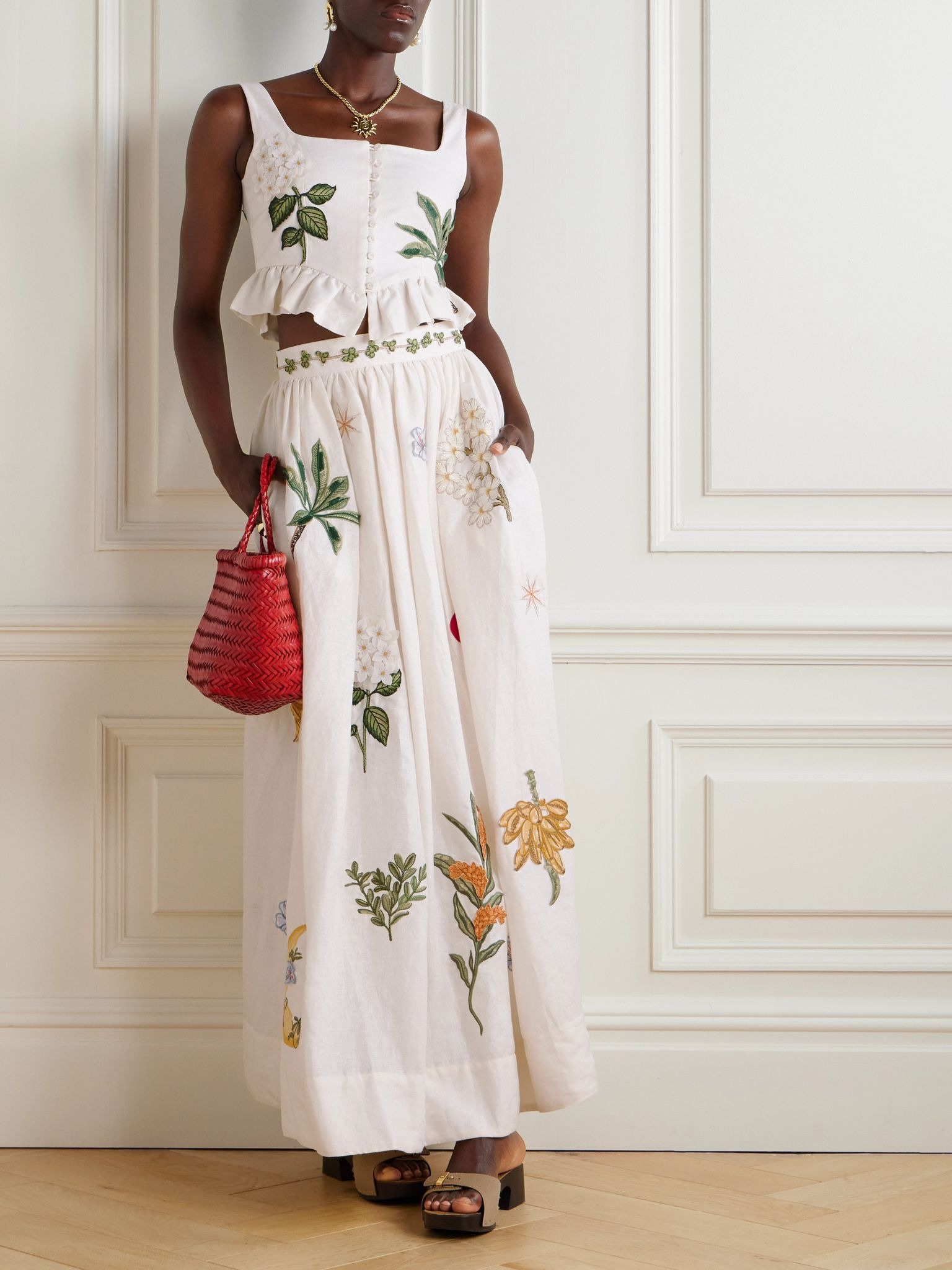 Eslabon appliquéd embroidered ruffled linen bustier top Cream - 2