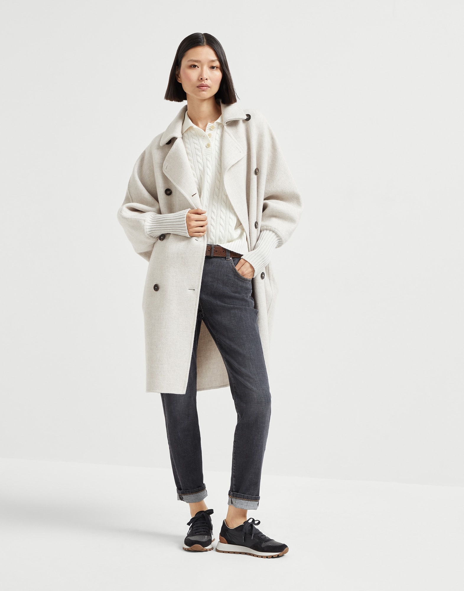 Hand-crafted coat in cozy cashmere double cloth with knit cuffs and monili - 5