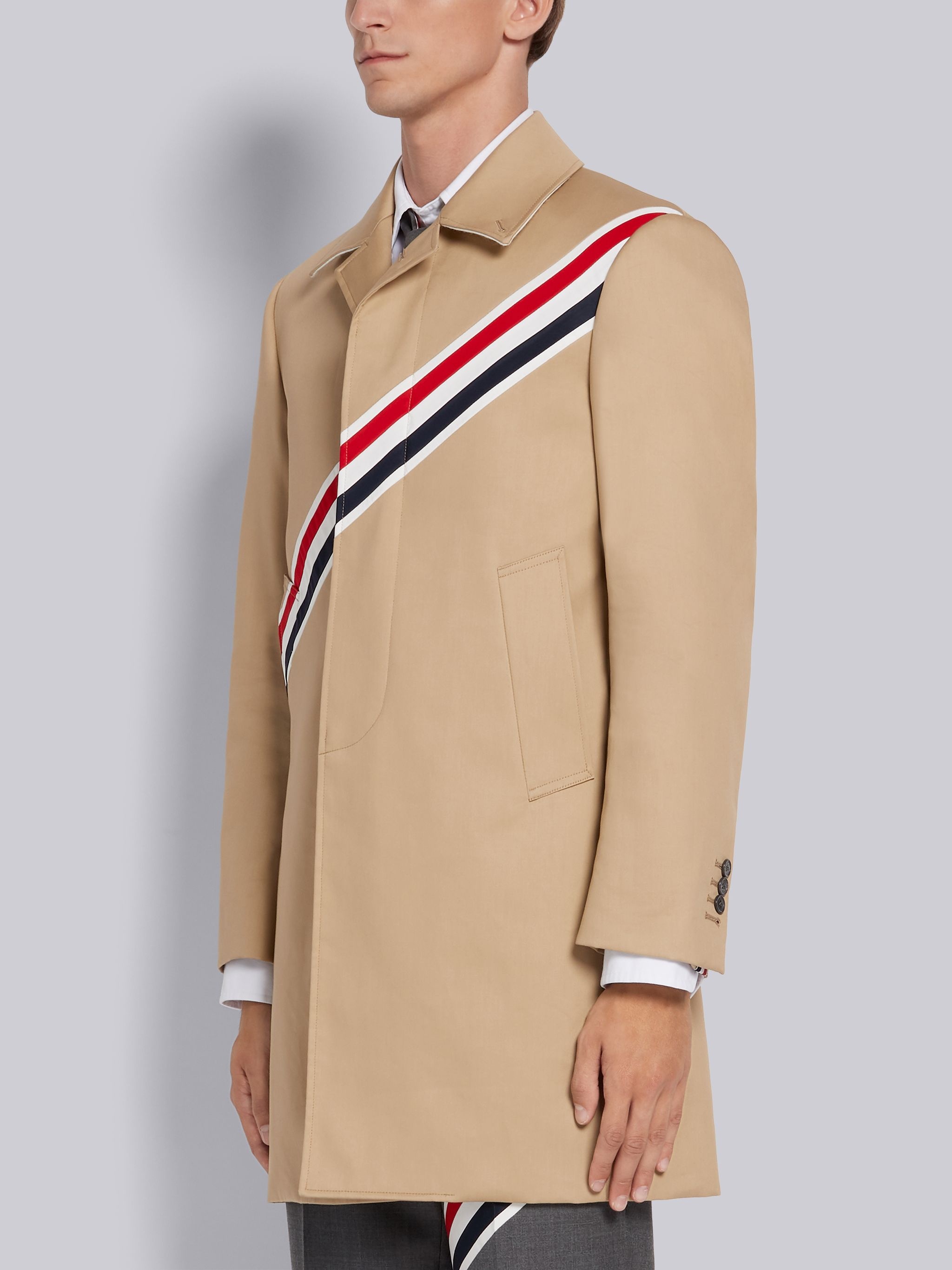 Khaki Cotton Twill Diagonal Stripe Classic Mac Bal Collar Overcoat - 2