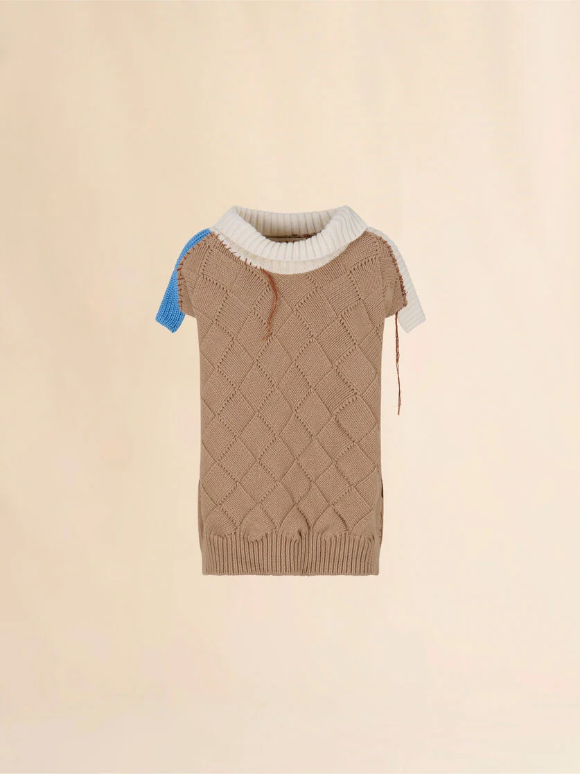 BROWN WOOL AND COTTON SWEATER IN MIXED KNITS - 1