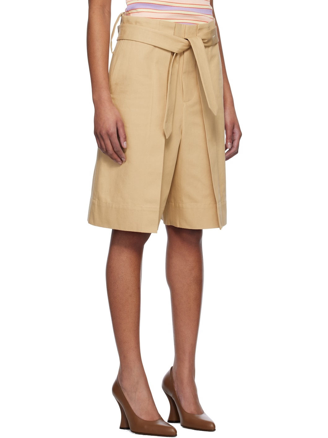 Beige Folded Front Pleat Shorts - 2