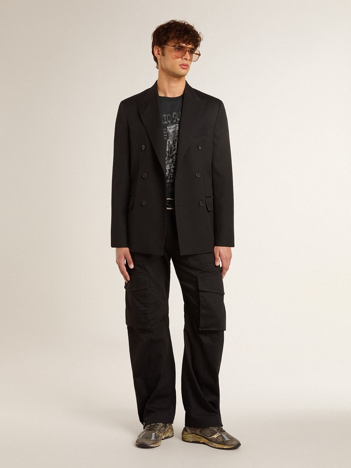 Men’s worn-black cotton T-shirt with print on the front - 3