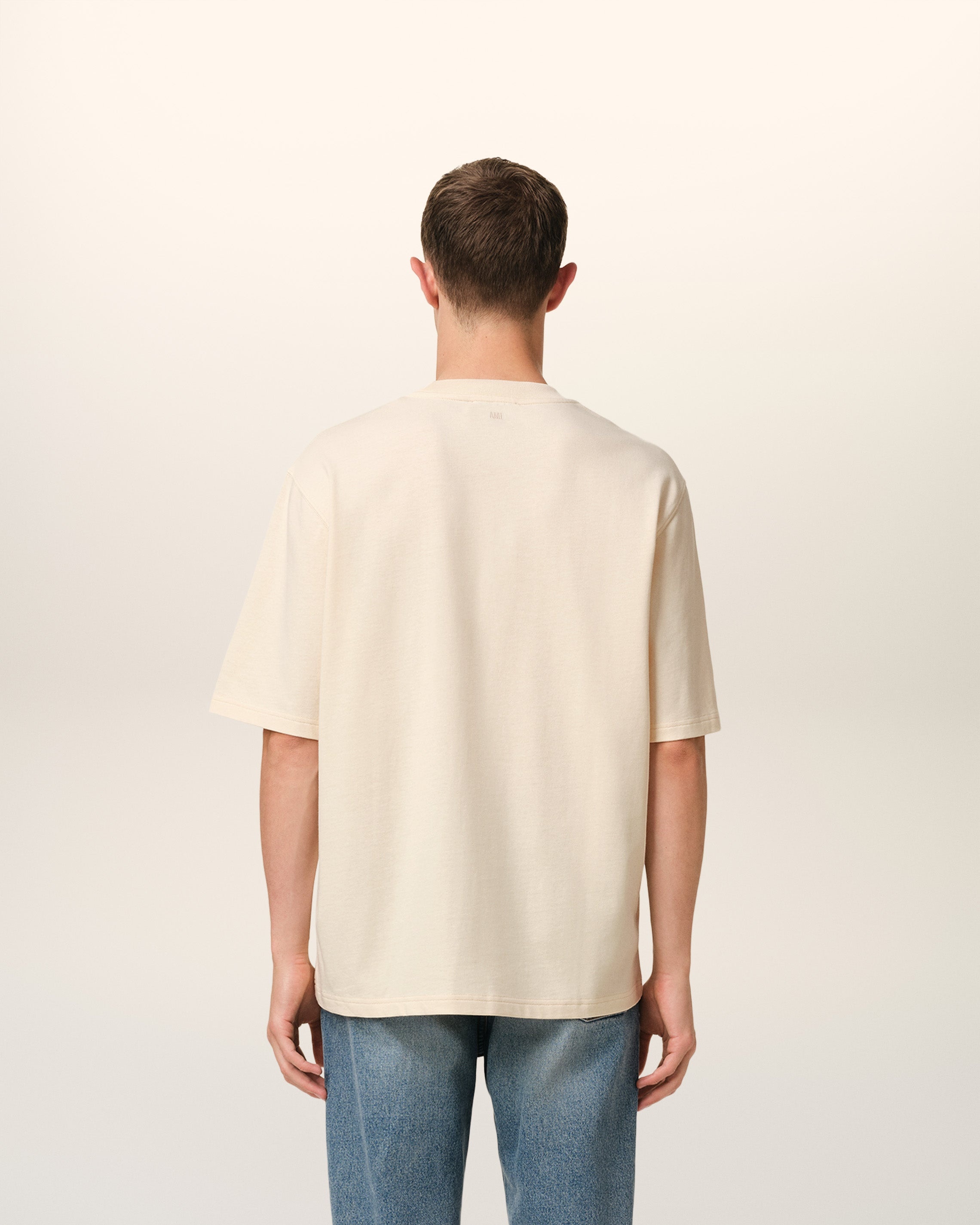 AMI Paris BEIGE COTTON AMI DE COEUR PATCH T-SHIRT | REVERSIBLE