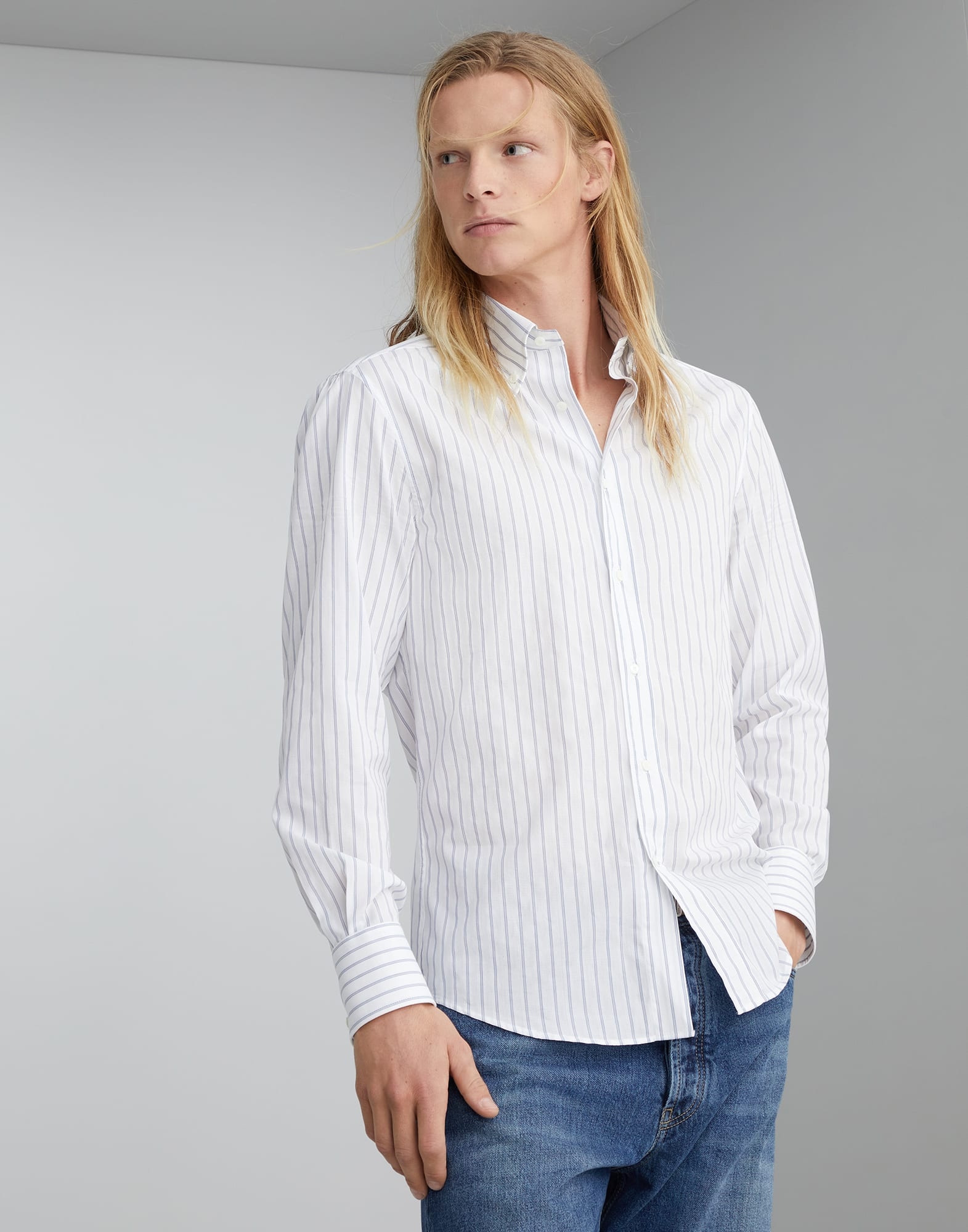Textured striped cotton slim fit shirt with button-down collar - 1