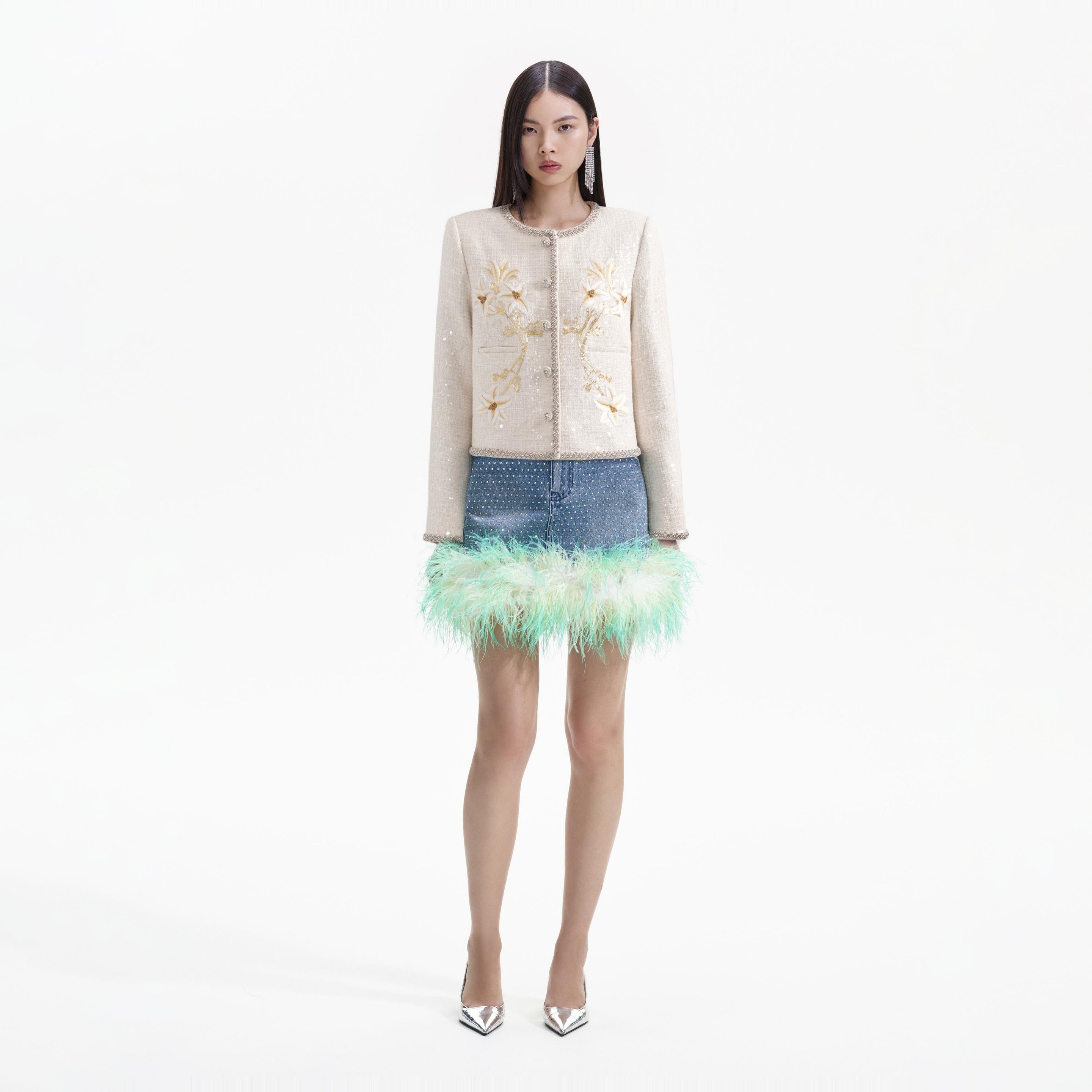 Cream Embroidered Boucle Jacket - 1