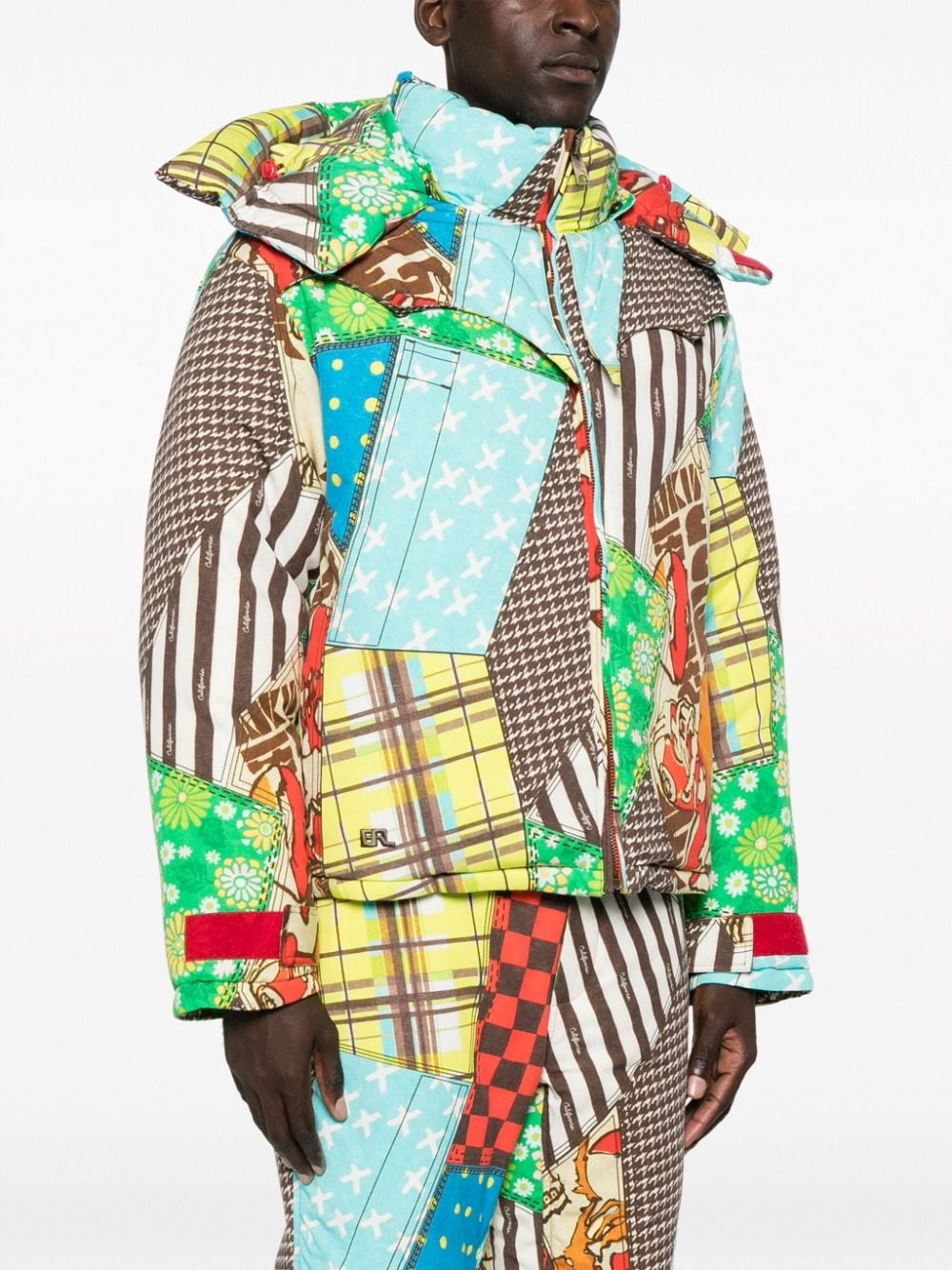 patchwork-pattern padded hooded jacket - 3