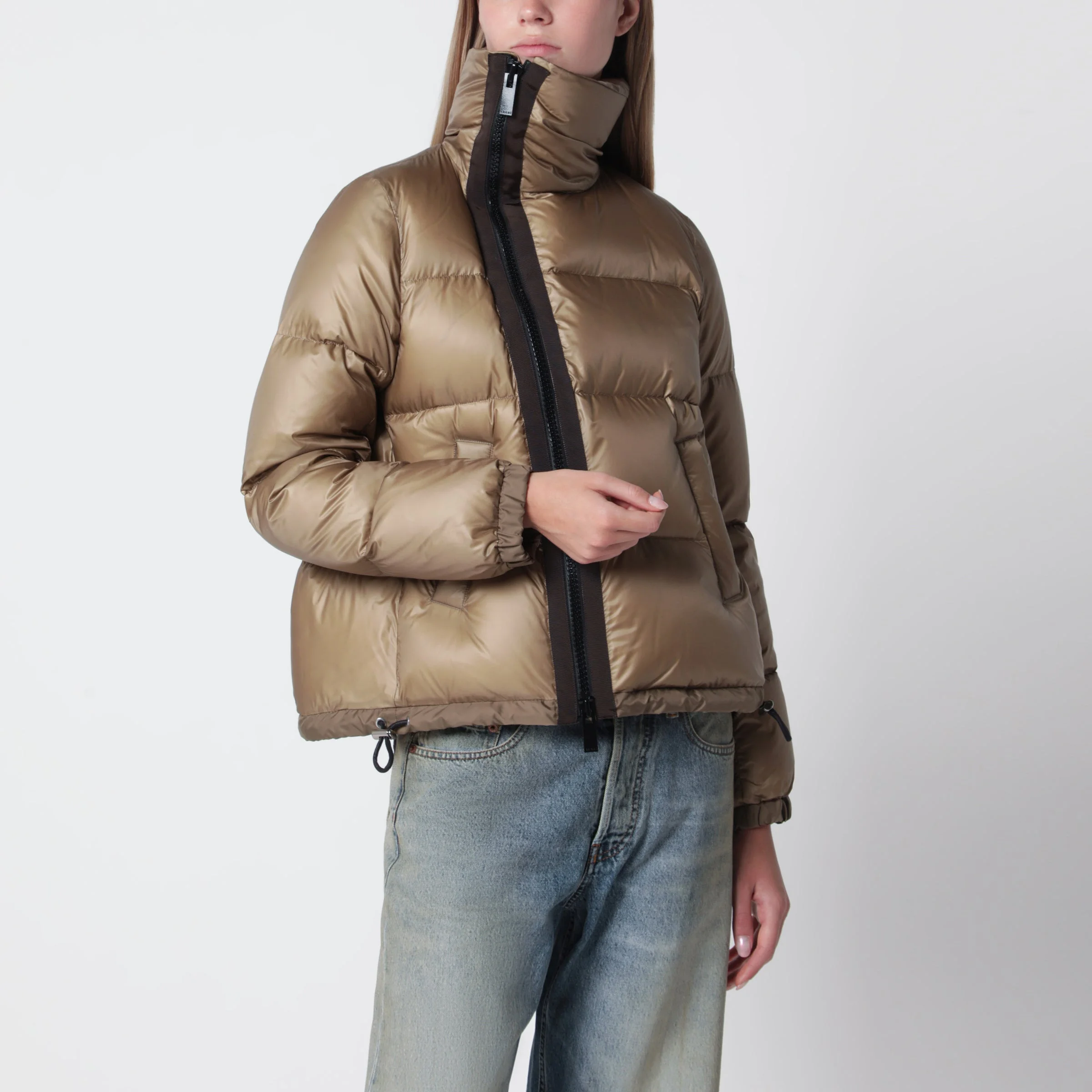 Beige down jacket with asymmetrical zip - 1