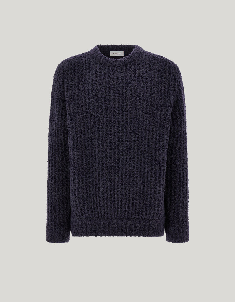 NAVY CREW NECK WITH HAMMER-STYLE SHOULDER IN WOOL AND SILK BOUCLÉ 1