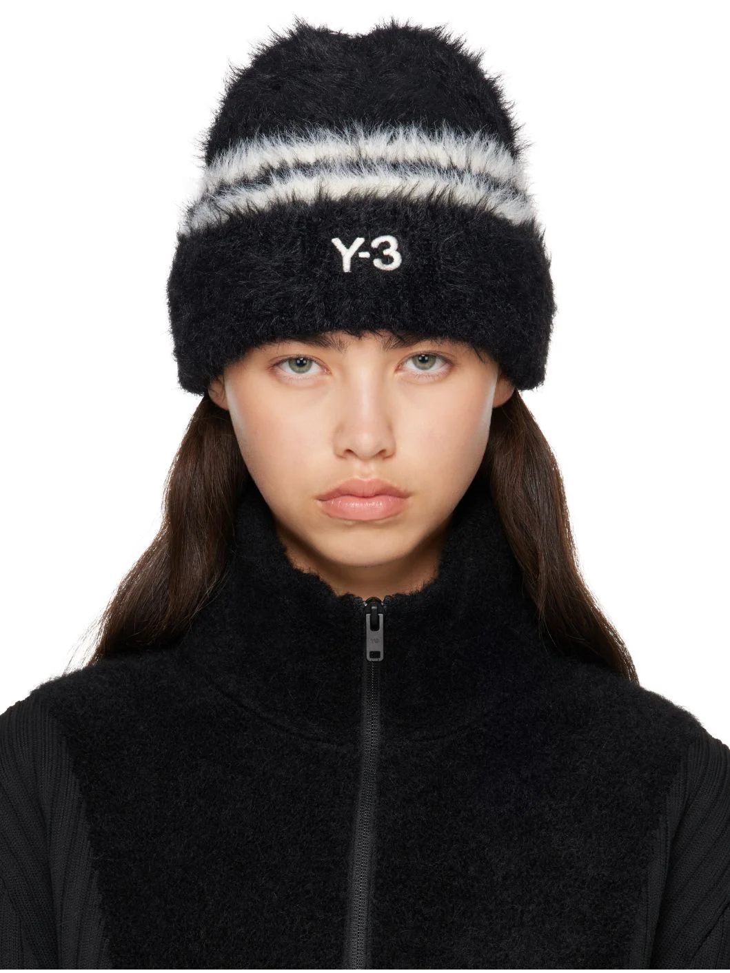 Black & White Y-3 Stripes Beanie - 1