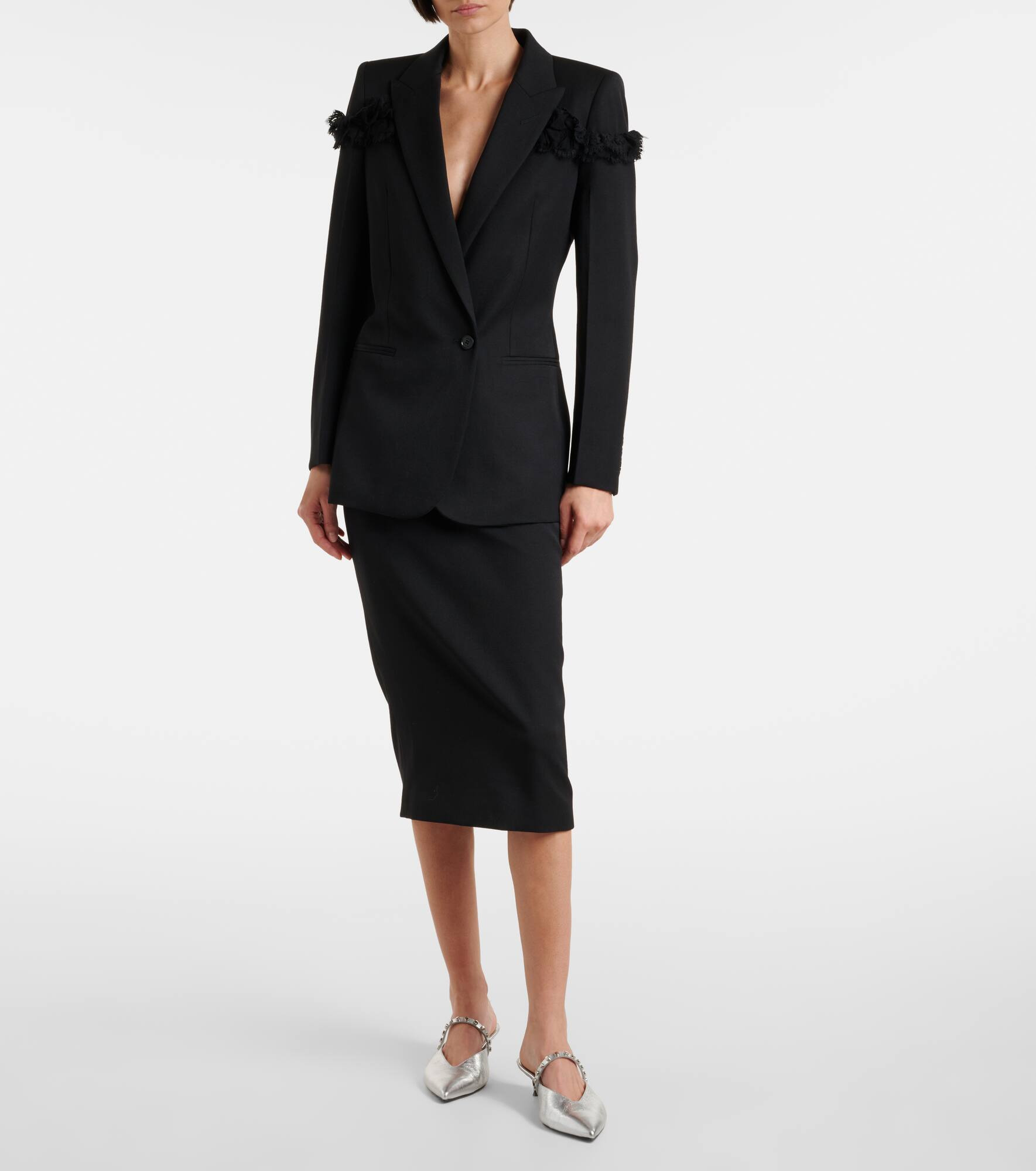 Buttoned lace-trimmed wool pencil skirt - 2