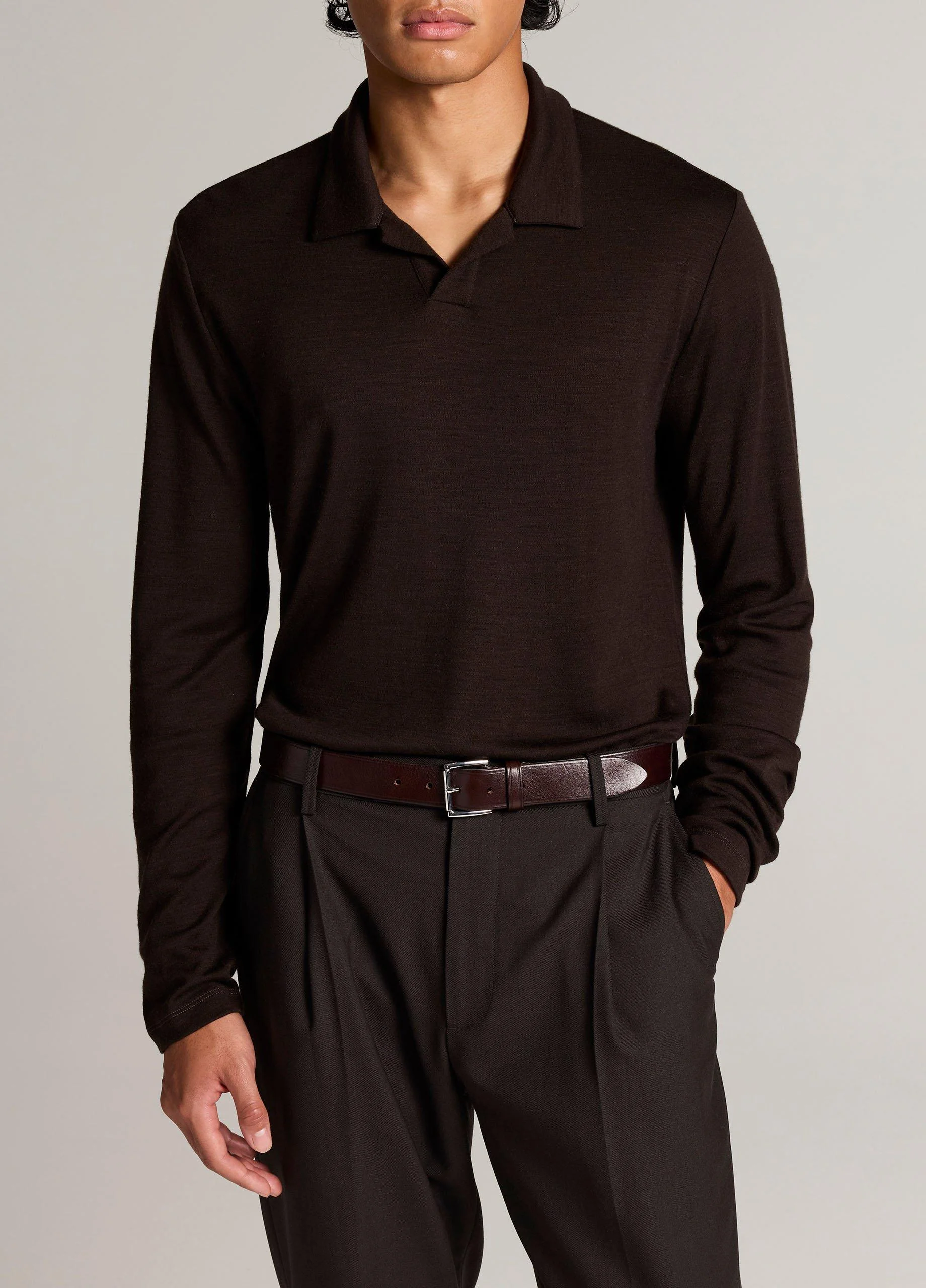 Wool Interlock Johnny-Collar Polo Sweater - 1
