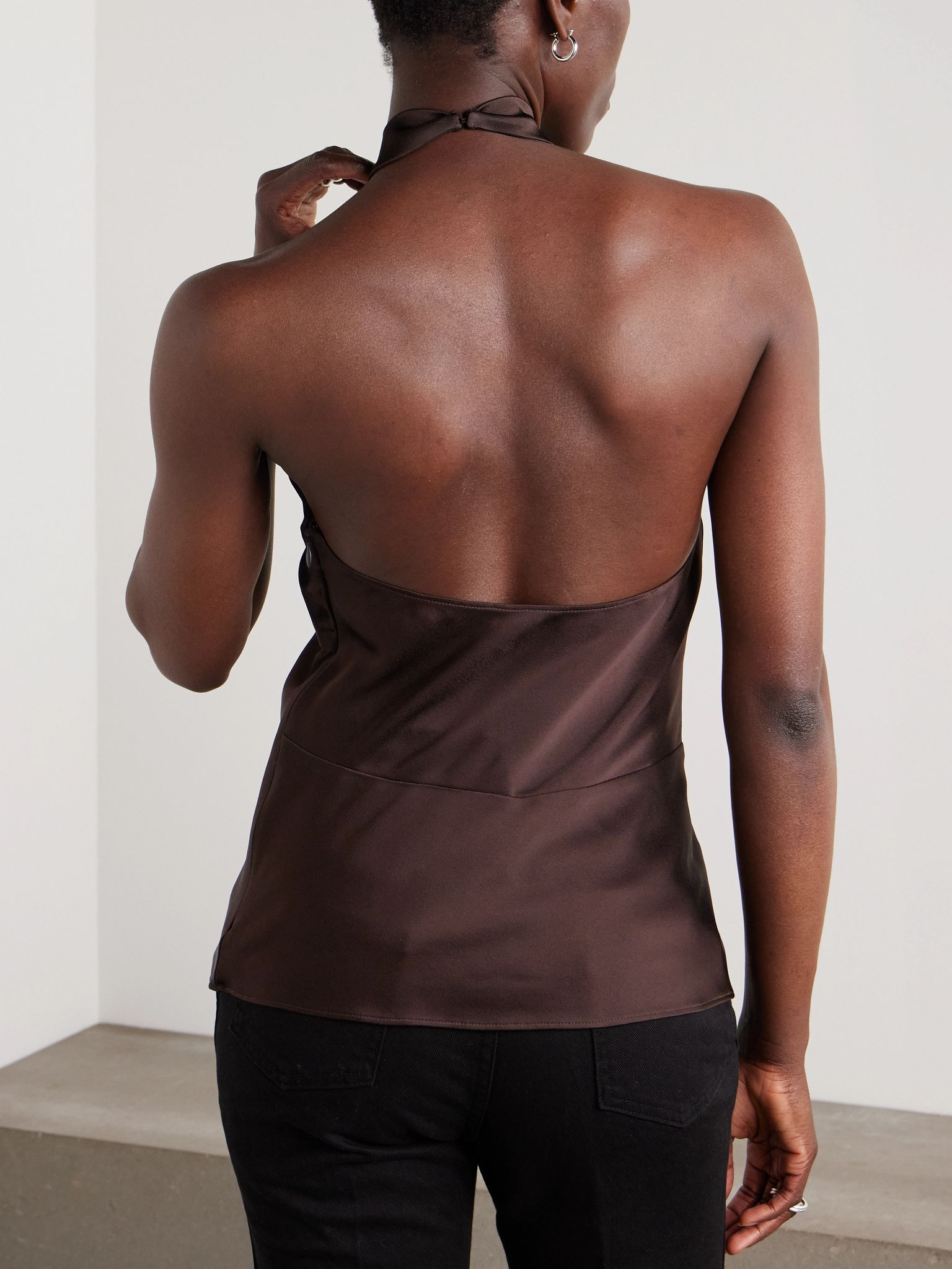 Cutout satin-crepe halterneck top Dark brown - 3