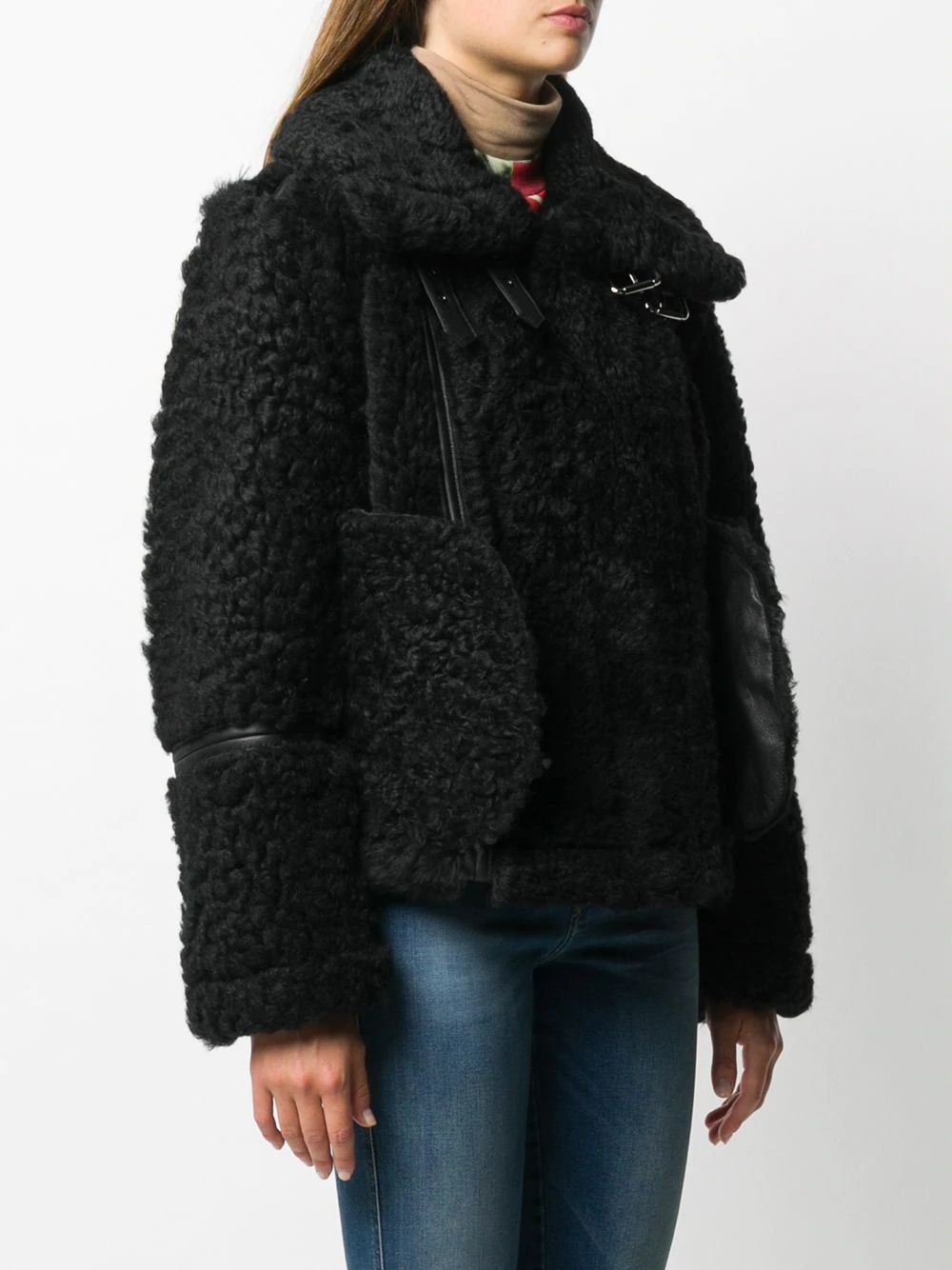 panelled biker shearling jacket - 3