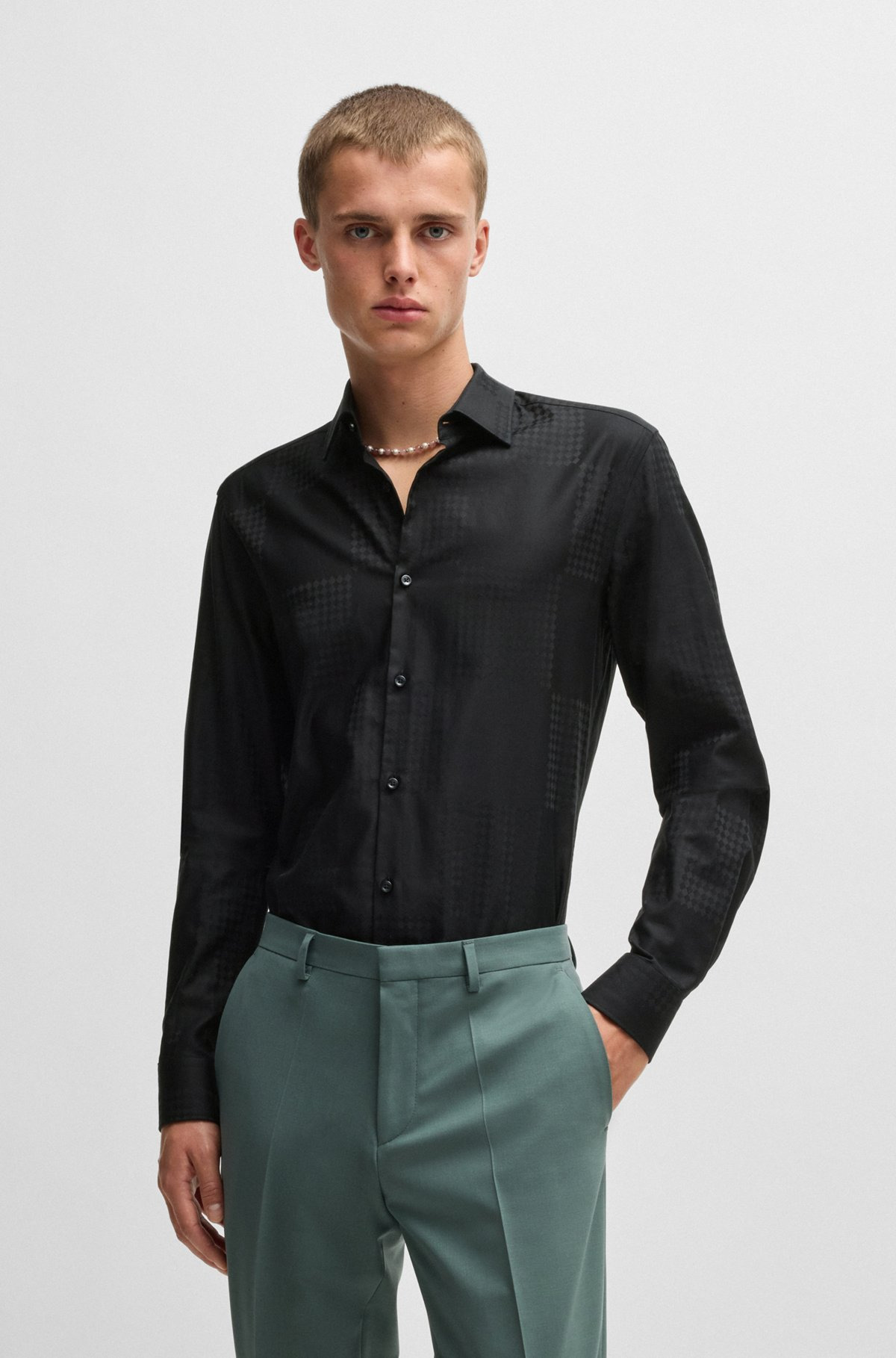 SLIM-FIT SHIRT IN COTTON JACQUARD WITH CHECKERBOARD PRINT - 2