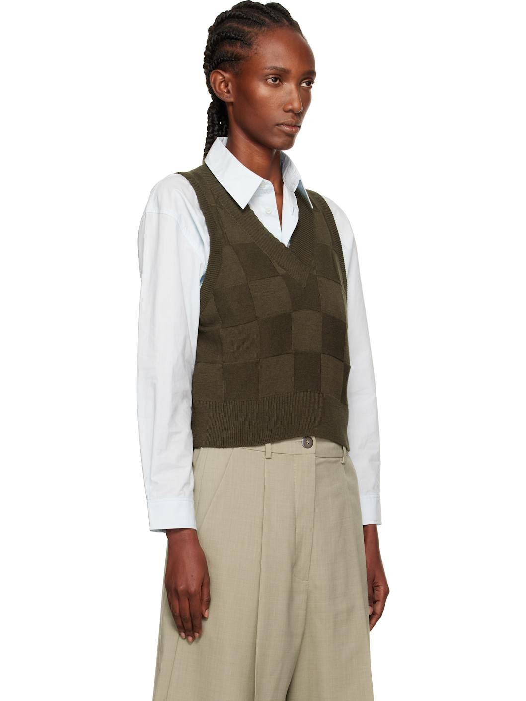 Khaki Checkered Cotton & Cashmere Vest - 2