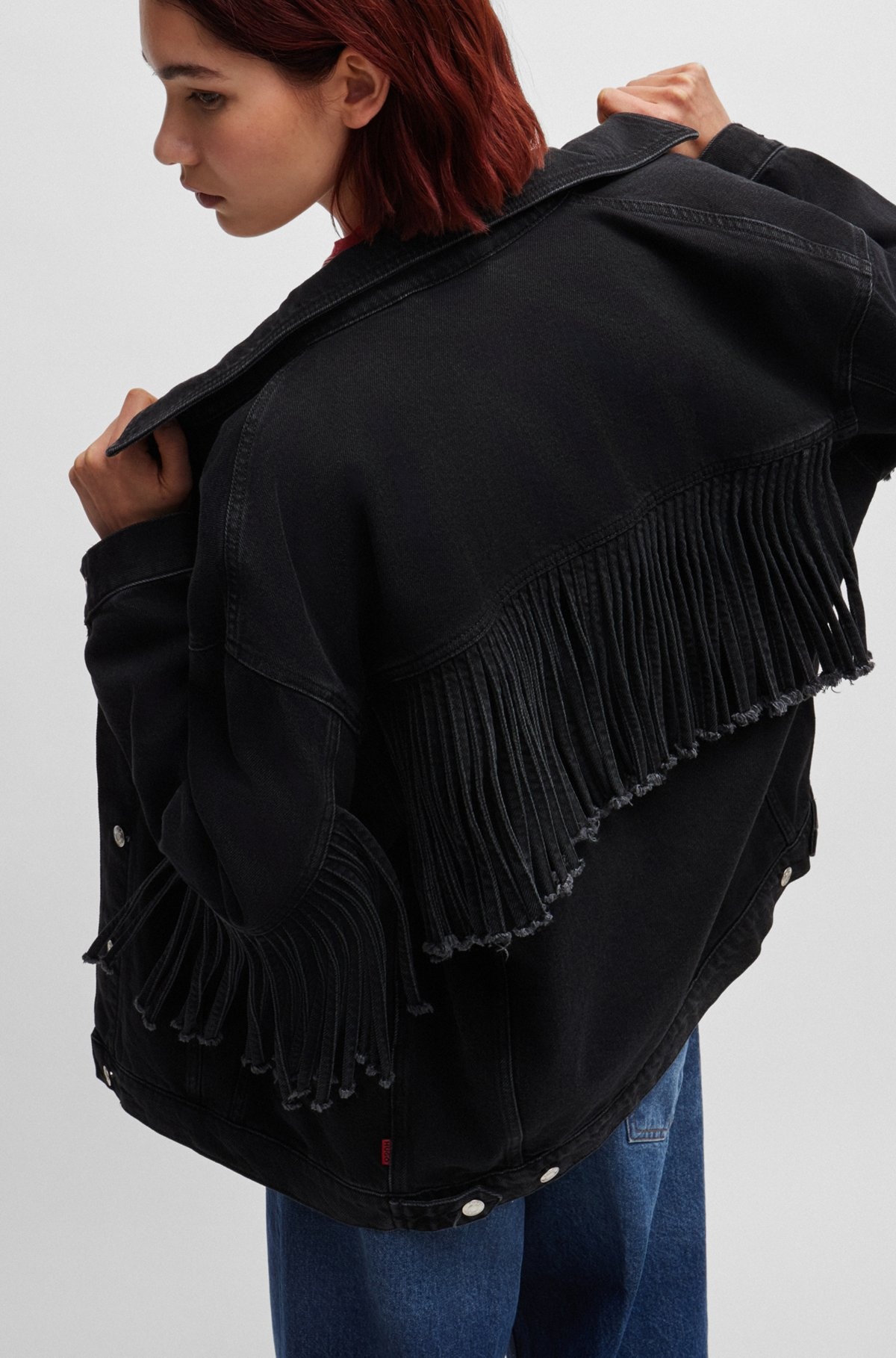 OVERSIZE-FIT JACKET IN BLACK DENIM WITH FRINGING - 6