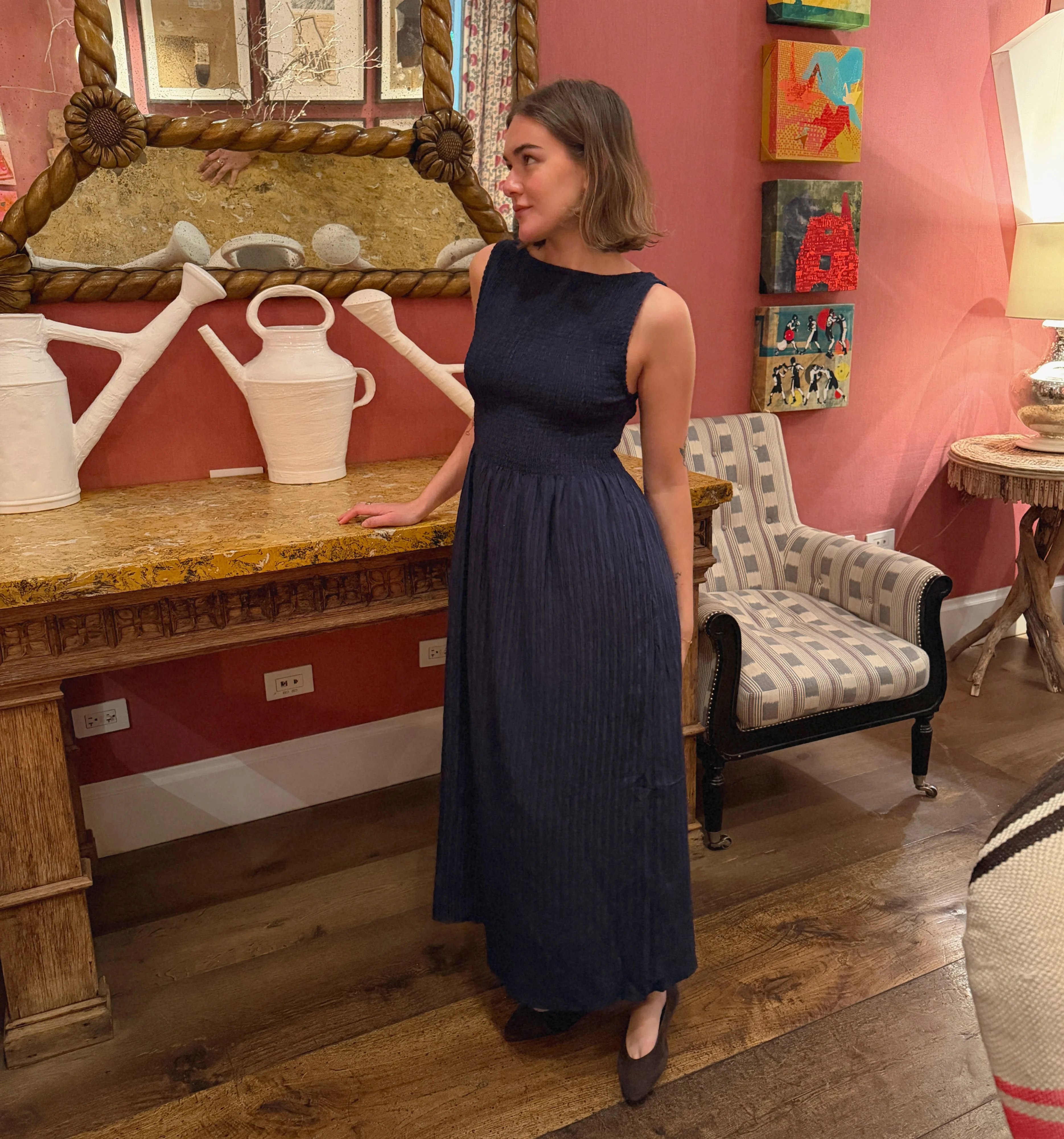 The Cosima Nap Dress - Navy Tonal Seersucker - 1