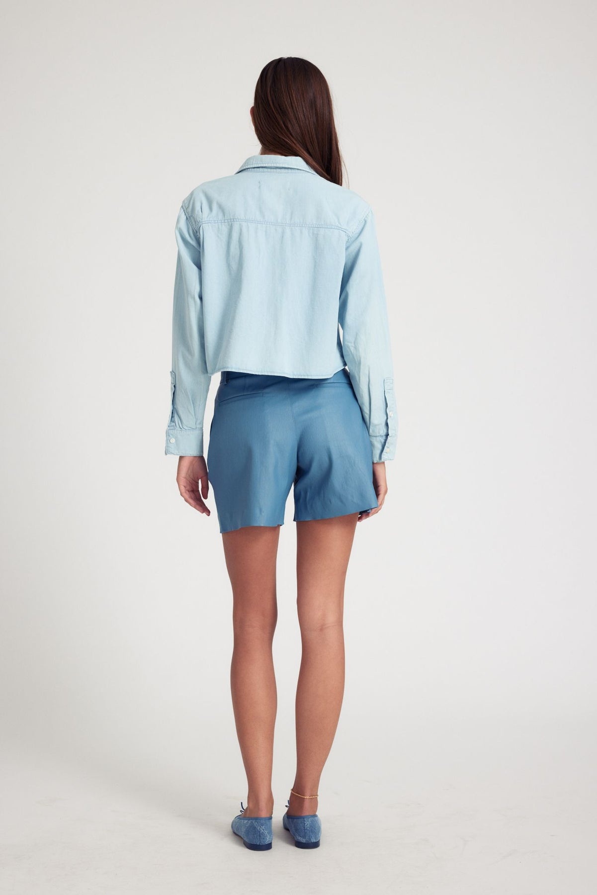 CHAMBRAY BLUE LEATHER TROUSER SHORTS - 3