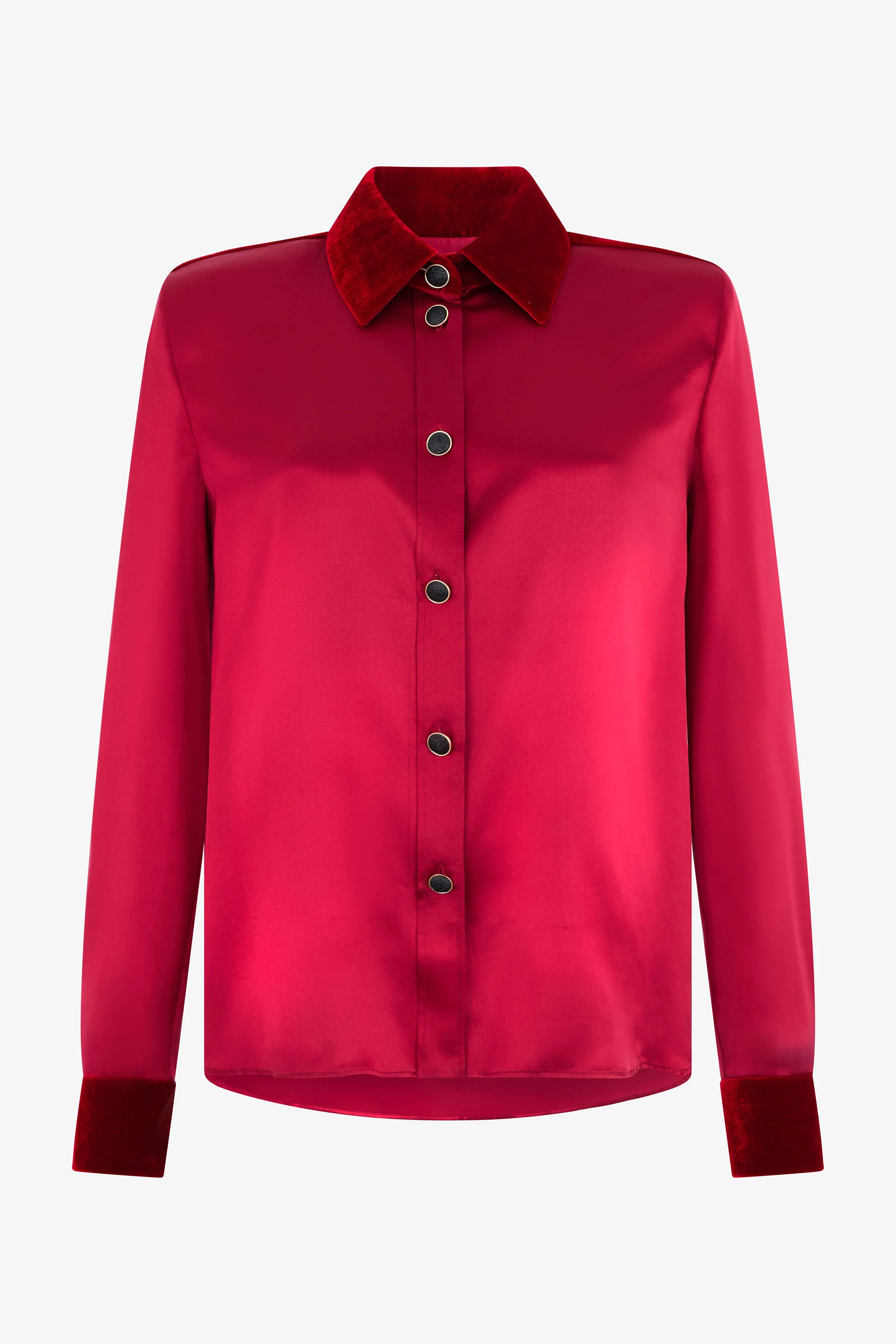 Dark Red Silk Shirt With Velvet Inserts - 1