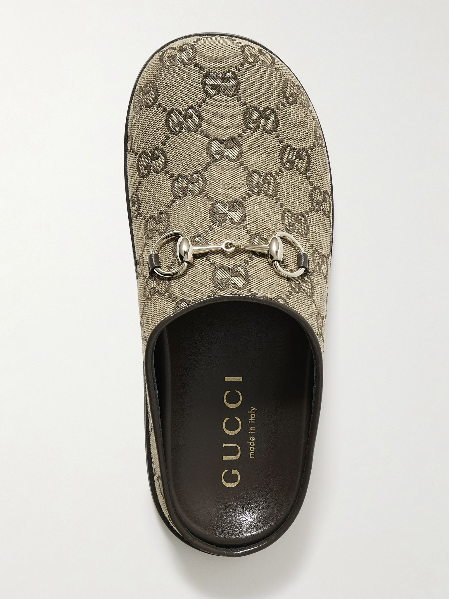 New Sol horsebit-detailed leather-trimmed canvas-jacquard slippers Beige - 5
