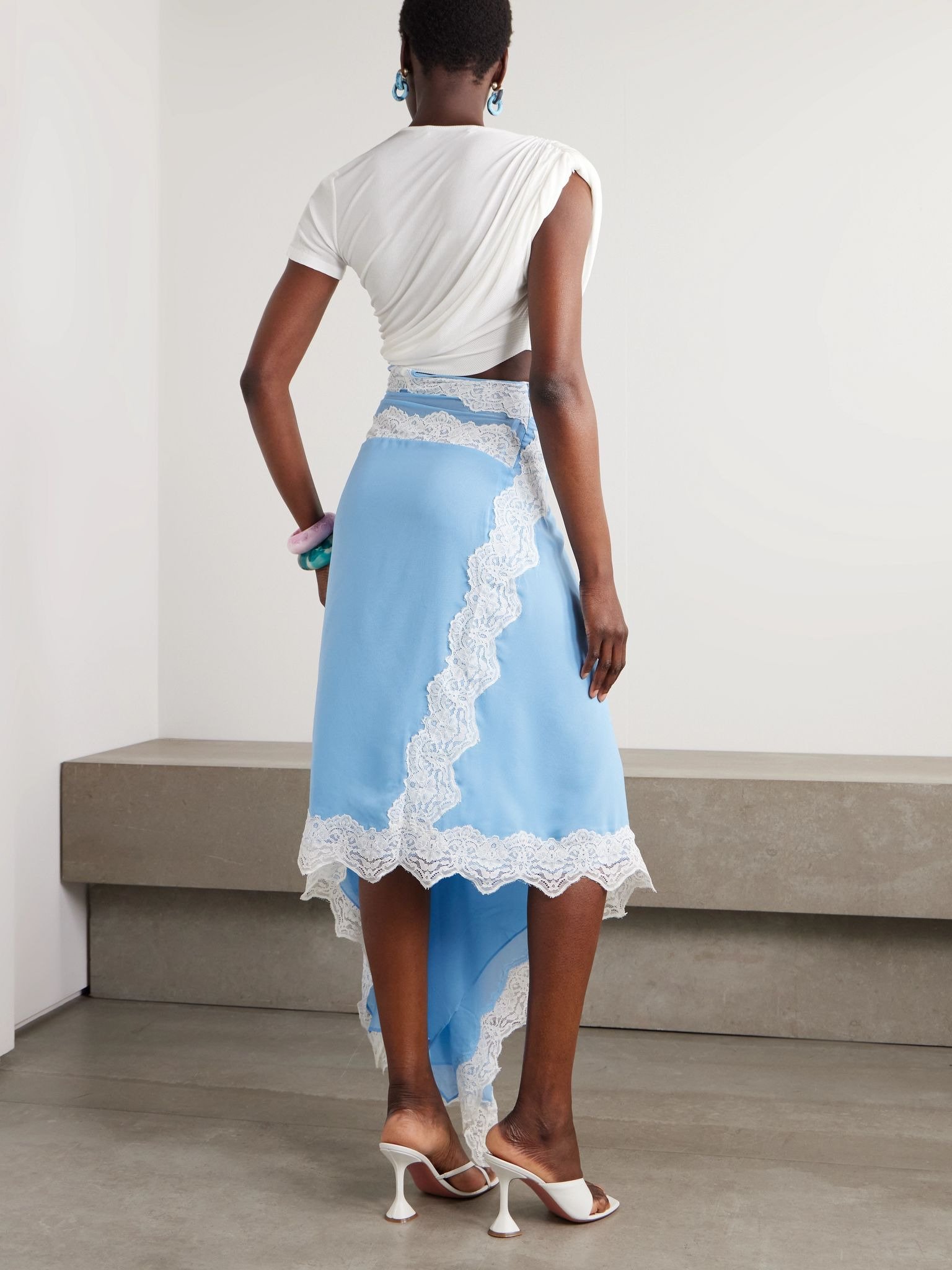 Verve asymmetric lace-trimmed silk-georgette and ribbed jersey dress Blue - 3