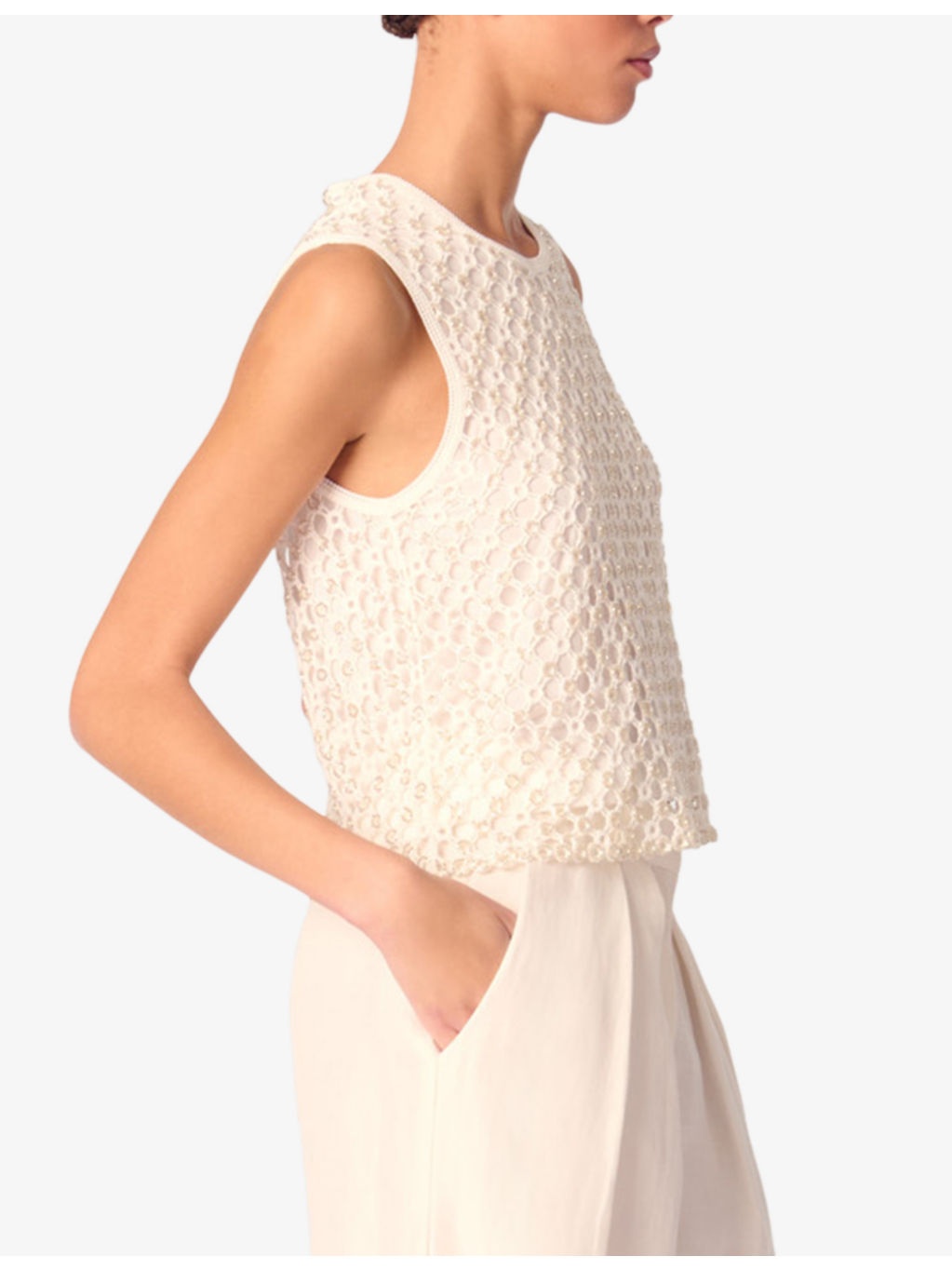 Bead-Embellished Crochet-Overlay Woven Top - 3
