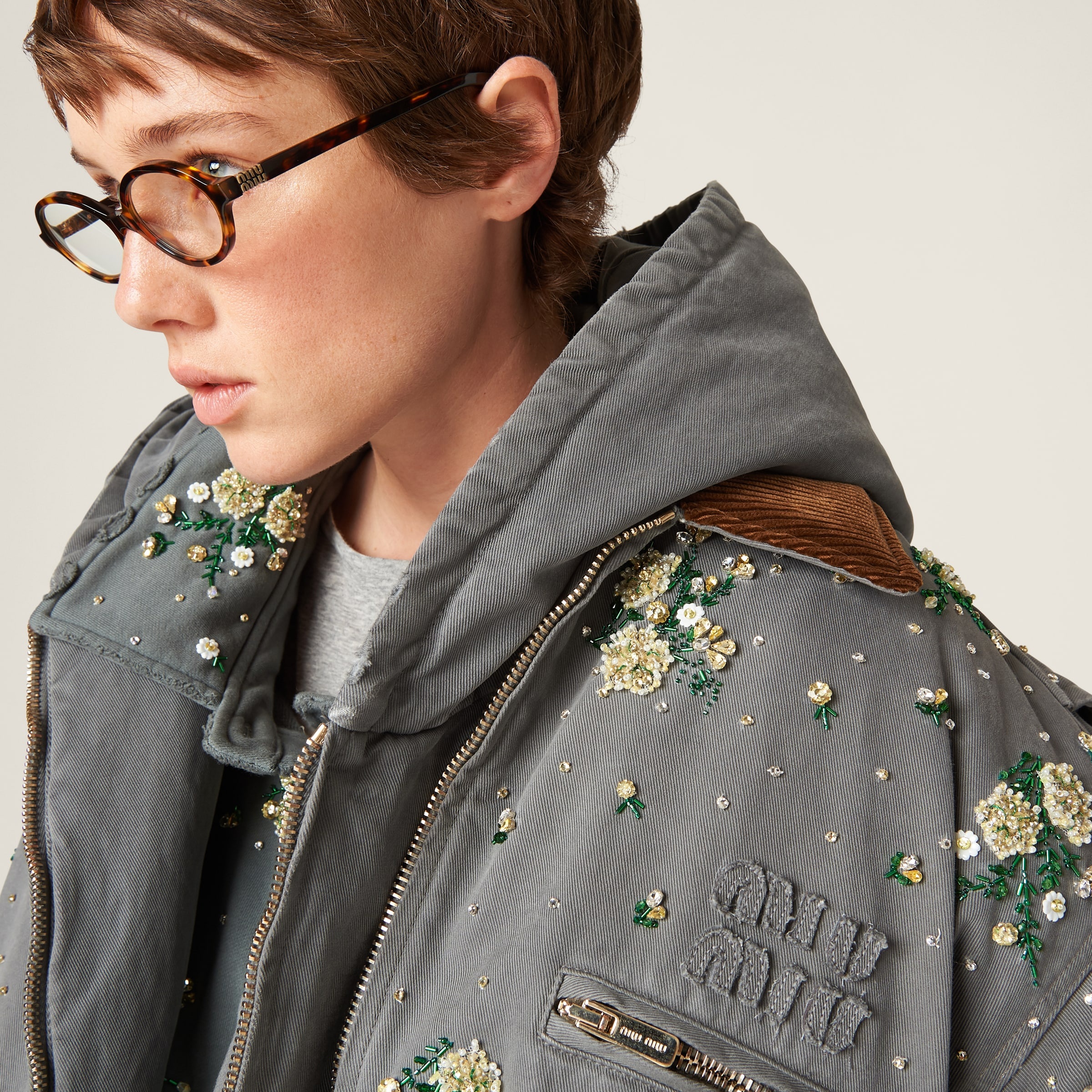 Miu Miu Embroidered garment-dyed gabardine blouson jacket