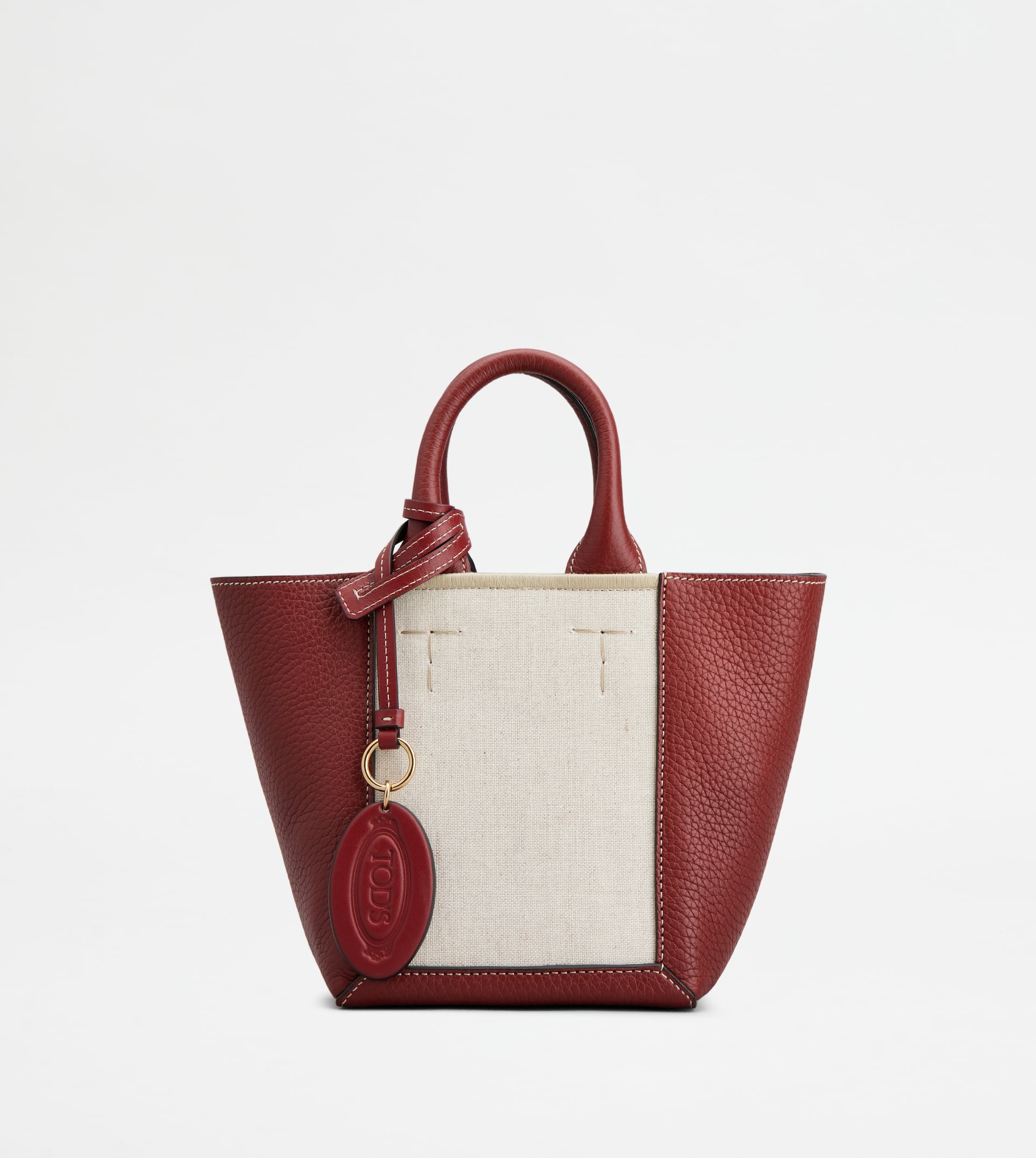 TOD'S DOUBLE UP SHOPPING BAG IN LEATHER AND CANVAS CNY MINI - BEIGE, RED - 1