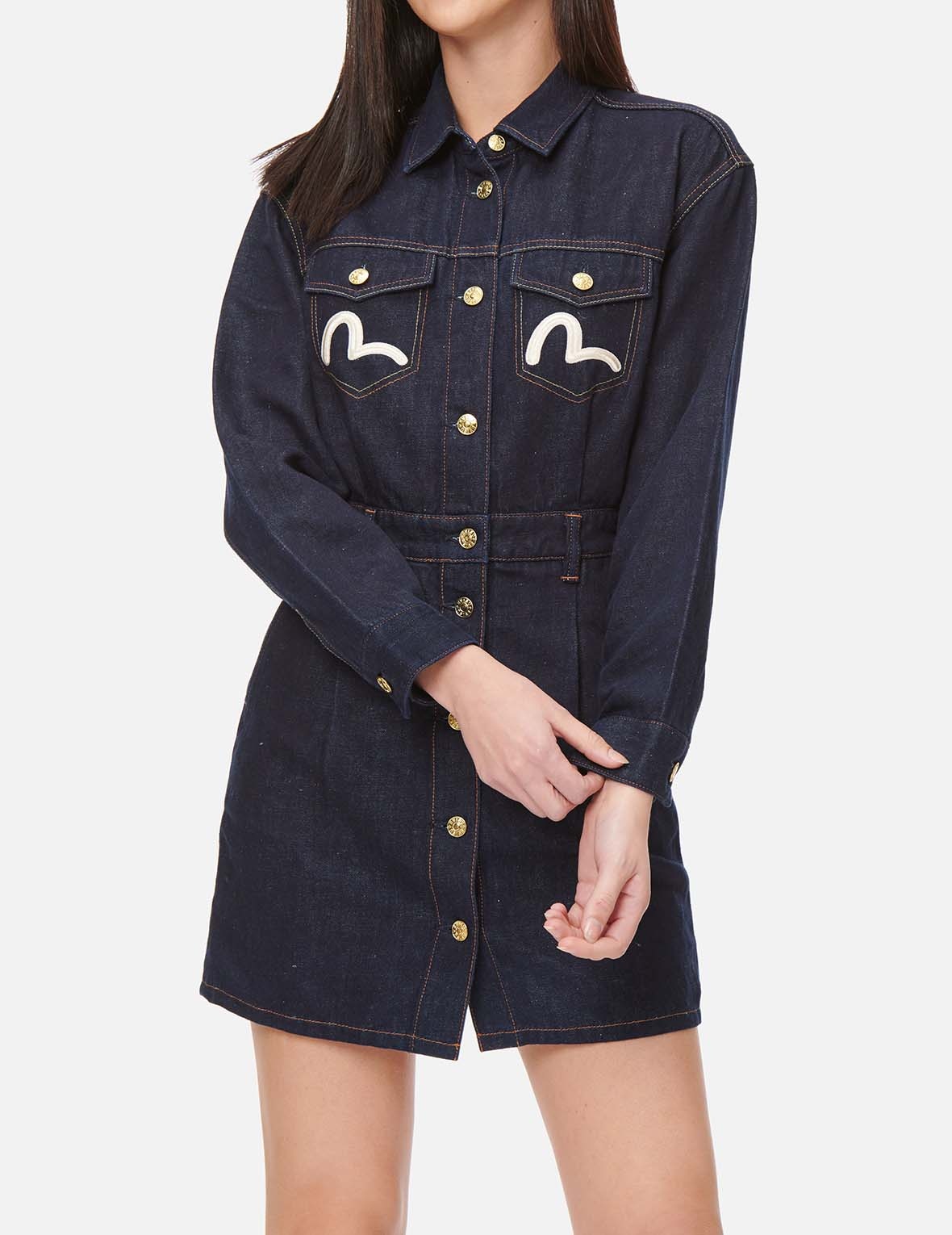 CRANE GRAPHIC AND SEAGULL DENIM DUNGAREE DRESS - 3