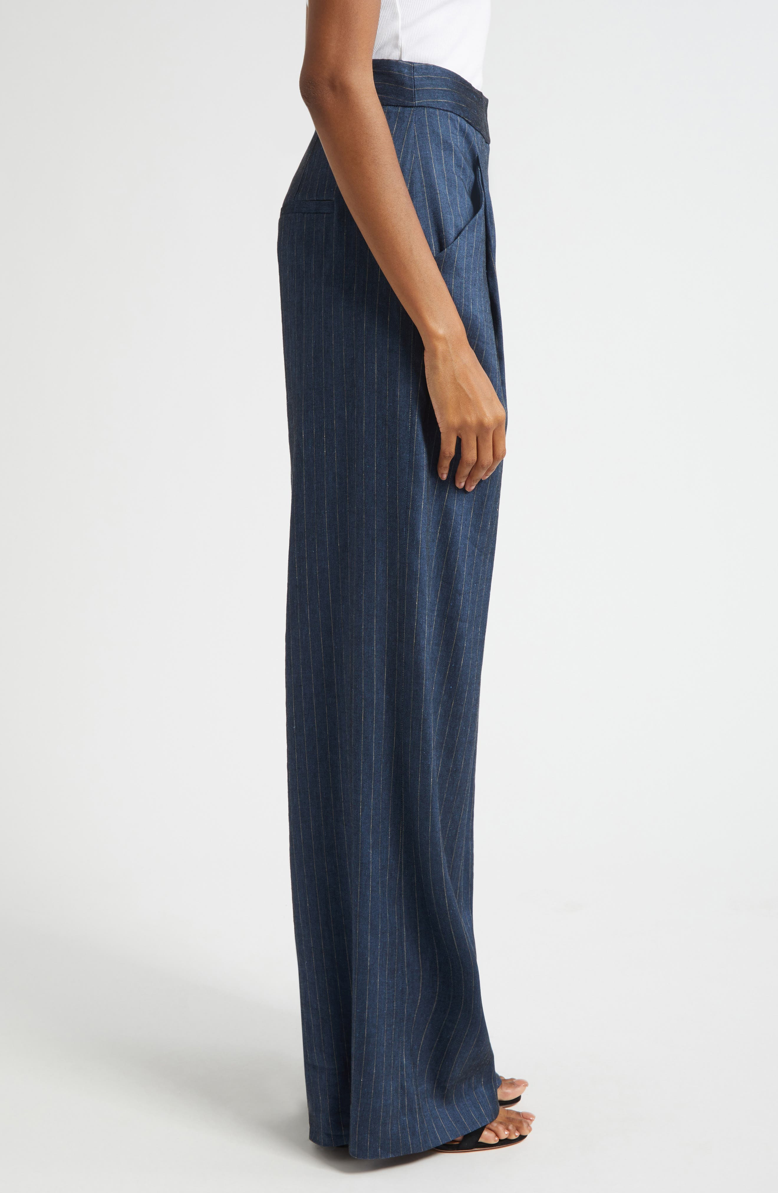 Veronica Beard Rimini Pinstripe Linen Blend Wide Leg Pants in Blue Dove at Nordstrom - 4