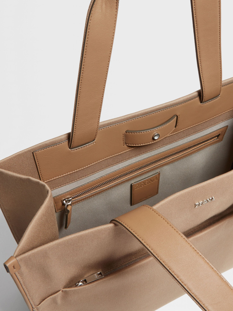 DARK BEIGE COTTON AND LEATHER TOTE BAG E/W 4