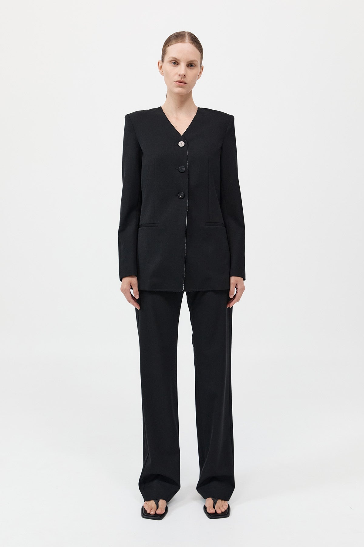 Raw Edge Collarless Blazer - Black - 3