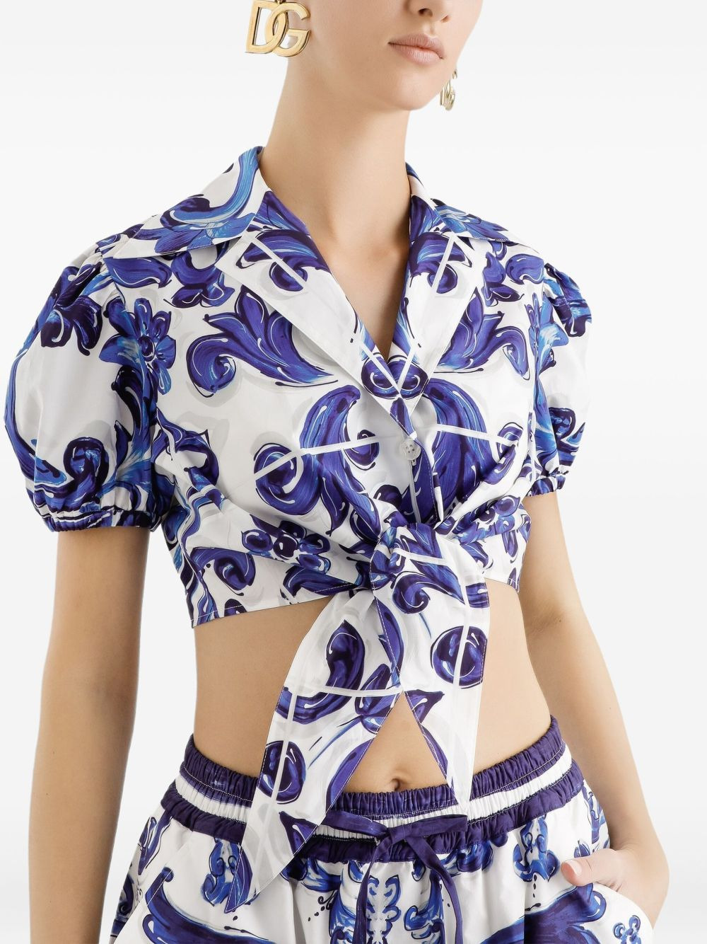 Majolica-print puff-sleeve top - 5