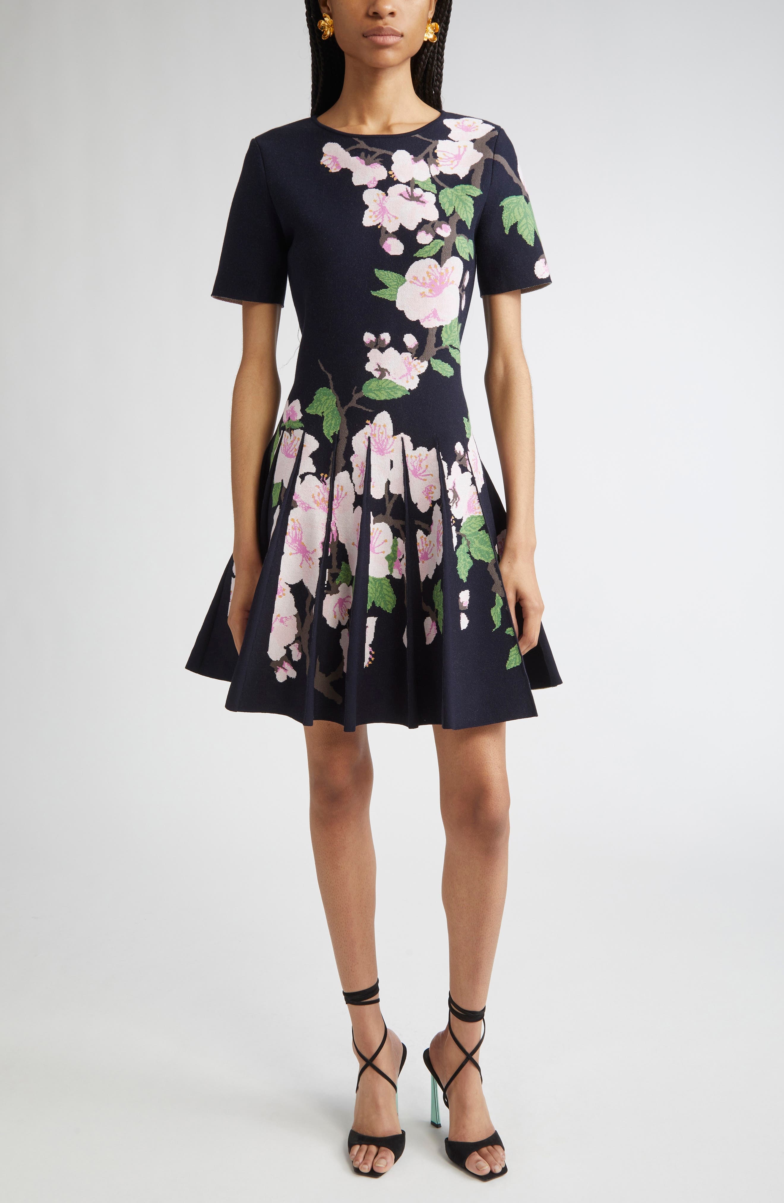 Oscar de la Renta Cherry Blossom Pleated Jacquard Knit Fit & Flare Dress in Navy/Pink at Nordstrom - 1