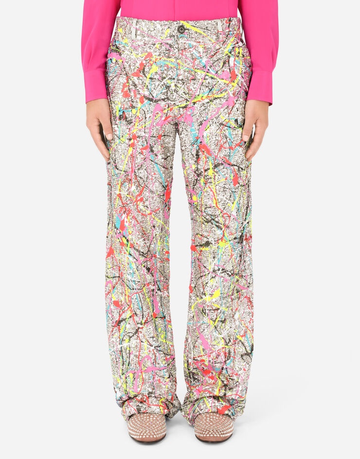 Sequined pants with color splash print - 1