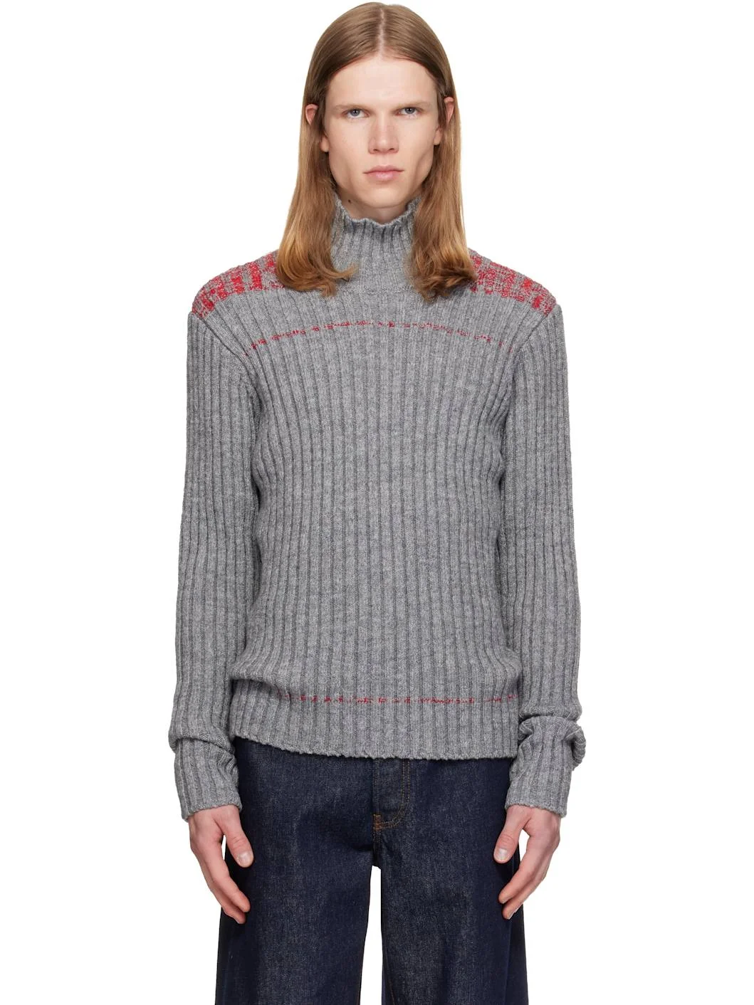 Gray Rib-Knit Wool Turtleneck - 1