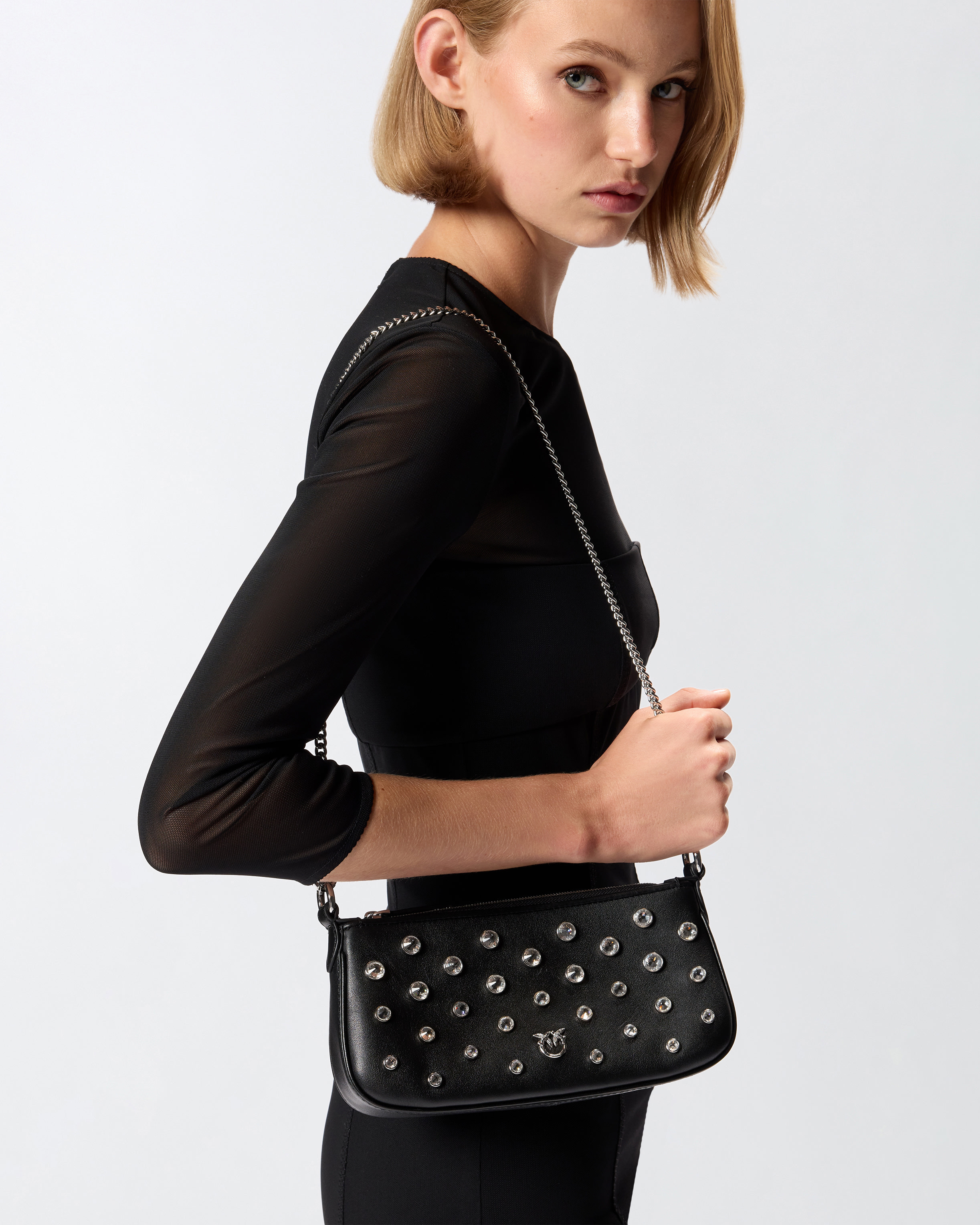 MINI HALF MOON BAGUETTE LEATHER SHOULDER BAG WITH RHINESTONES - 5