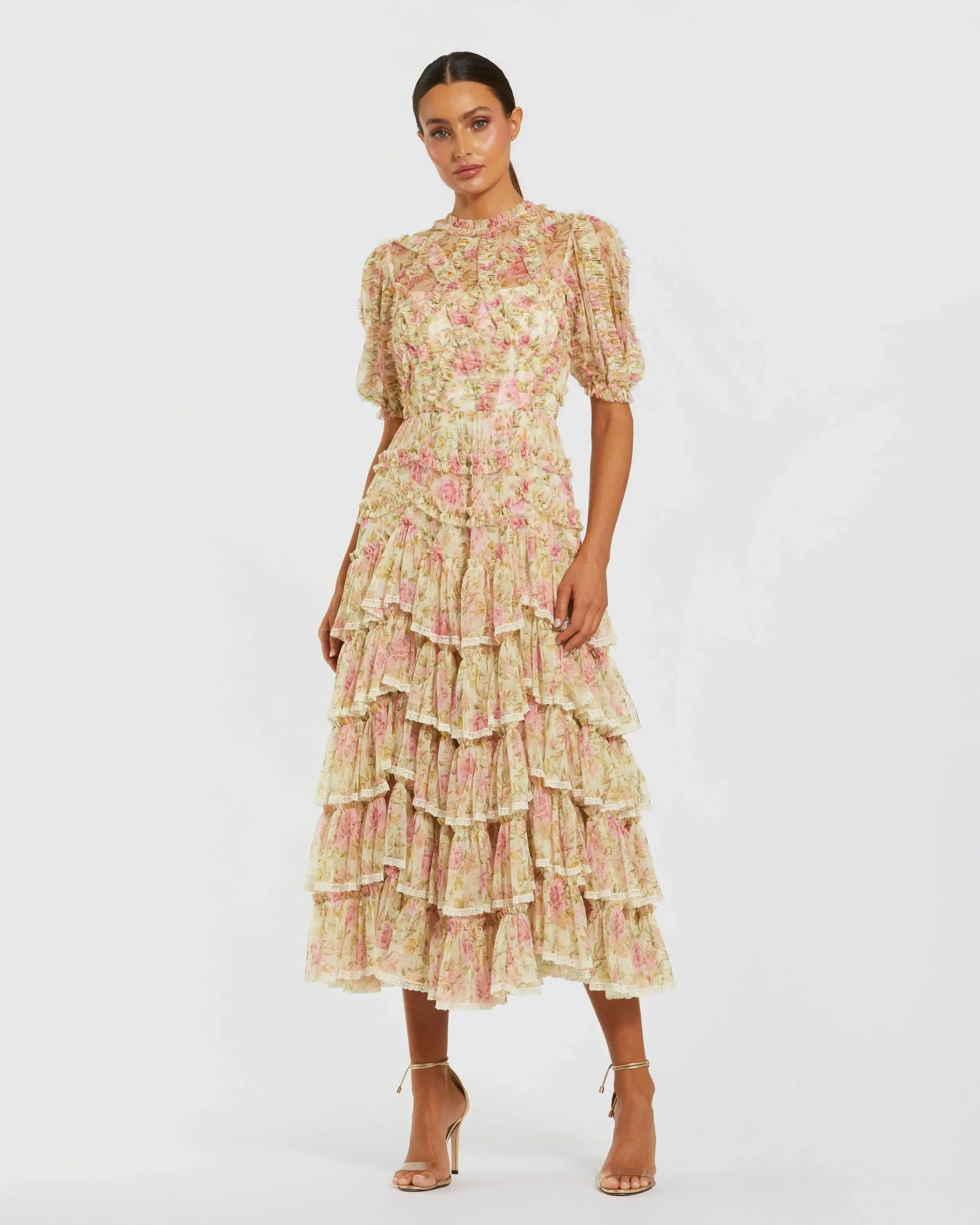 Beige Floral High Neck Midi Dress with Lace Trim - 1