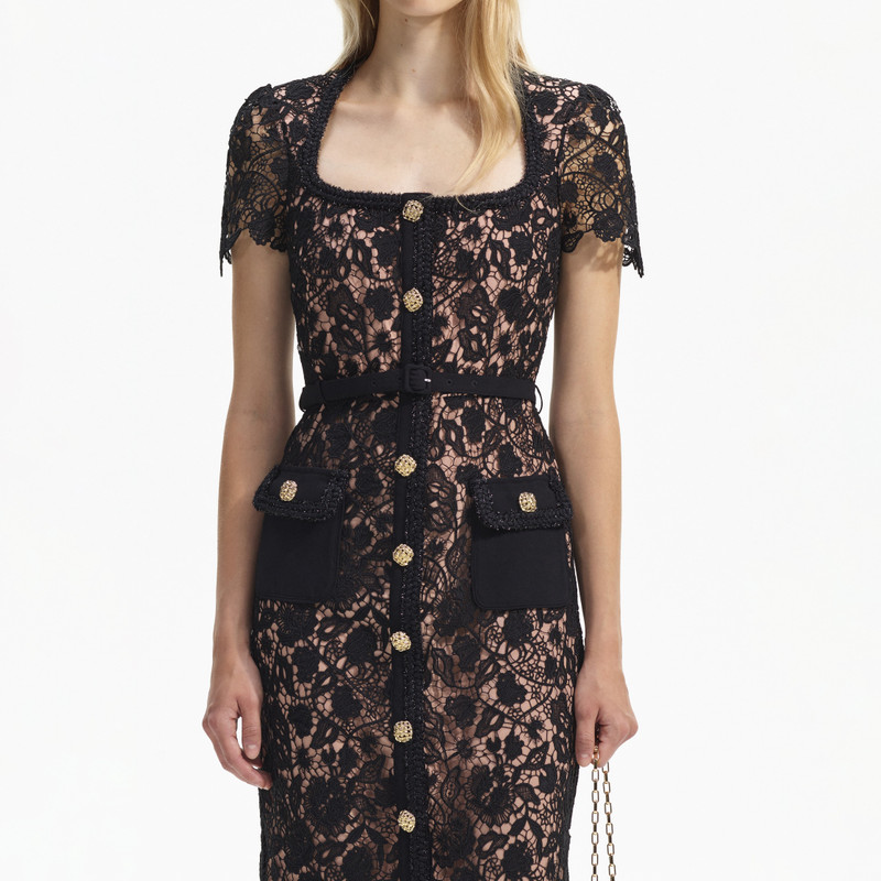 self-portrait Black Guipure Lace Short Sleeve Midi Dress - RS24-984M-B |  REVERSIBLE