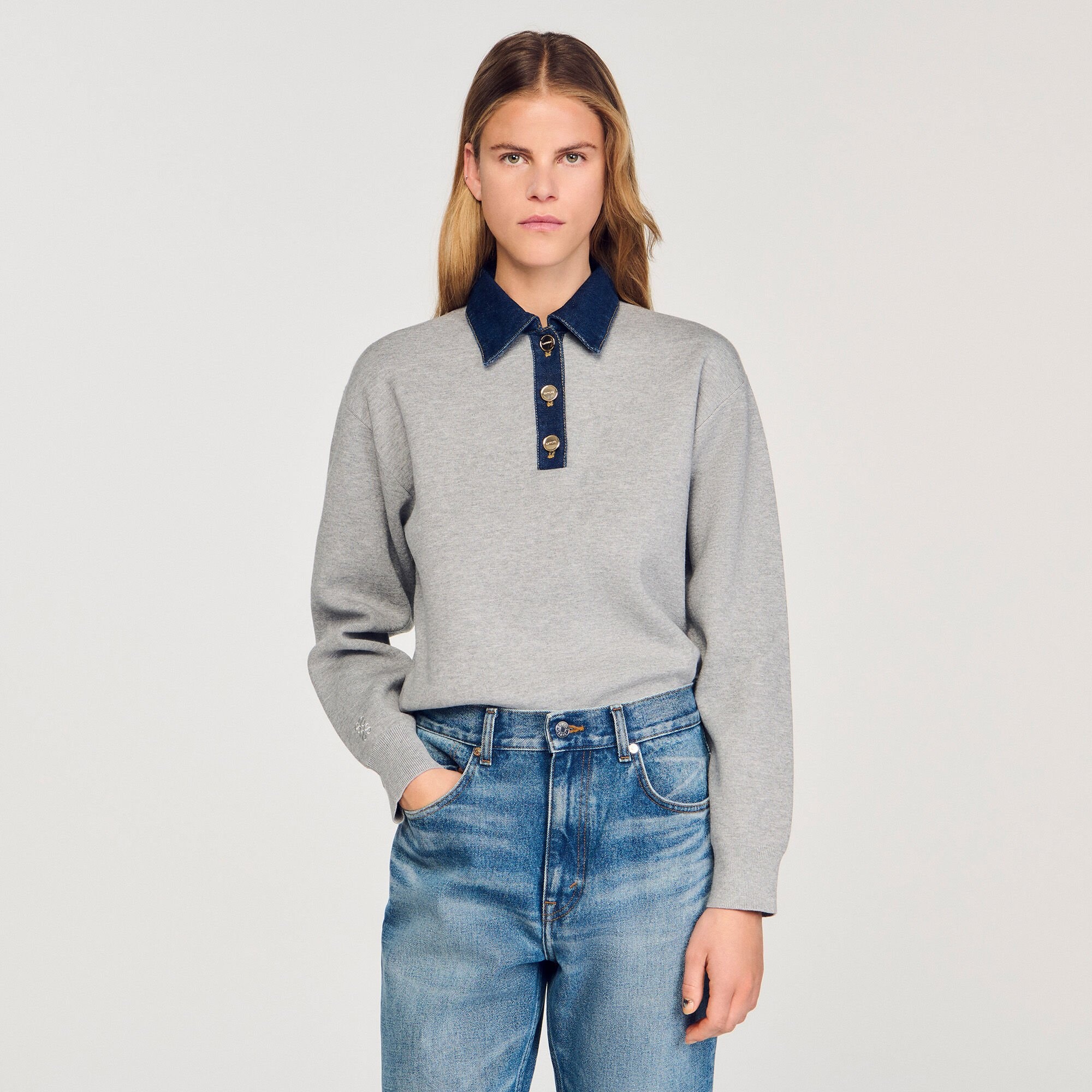 SWEATER WITH DENIM COLLAR - 4