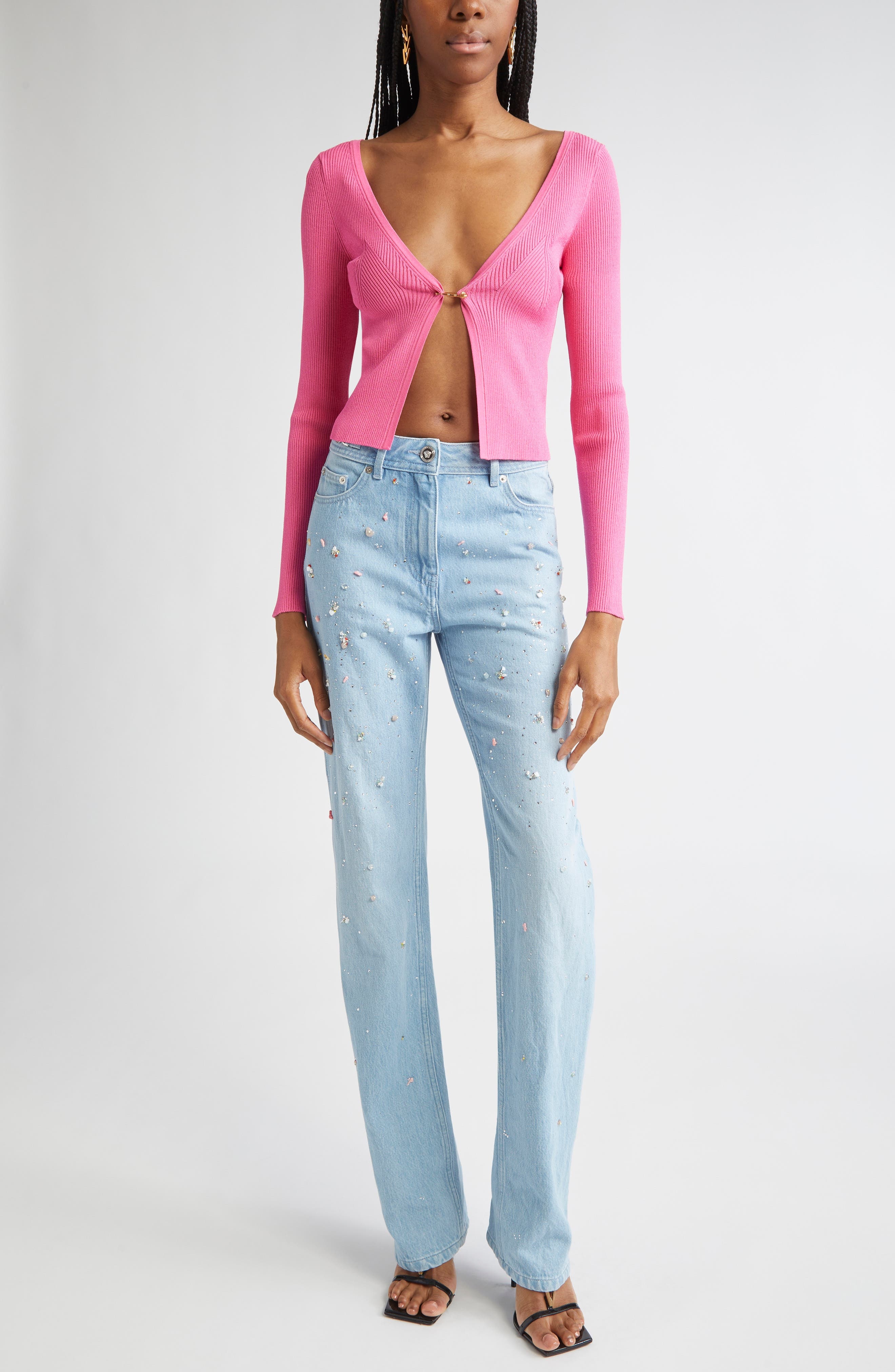 Versace Safety Pin Rib Cardigan in Dragon Fruit at Nordstrom - 2