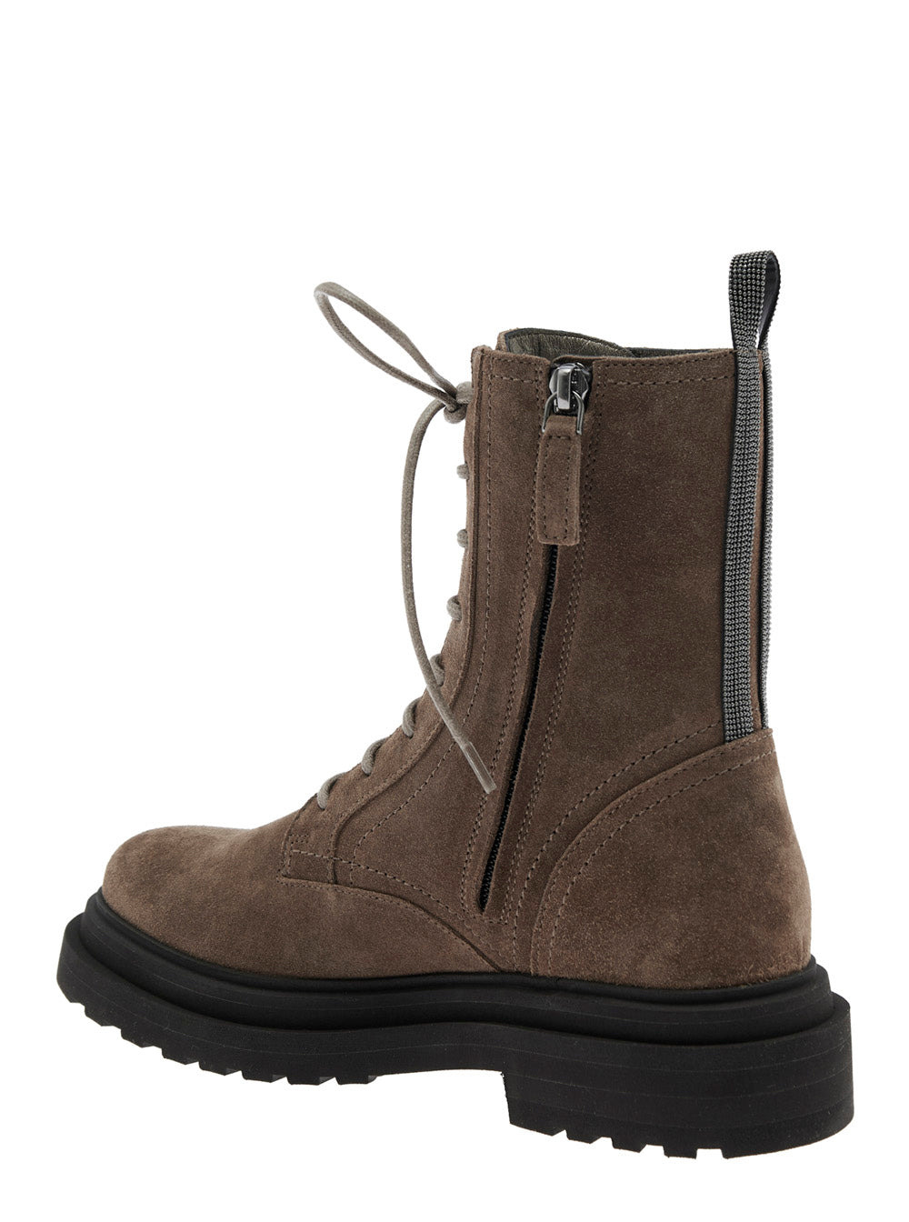 Brunello Cucinelli Women Brown Ankle Boots With Monil Detail On The Rear And Side Zip Closure In Lea - 3
