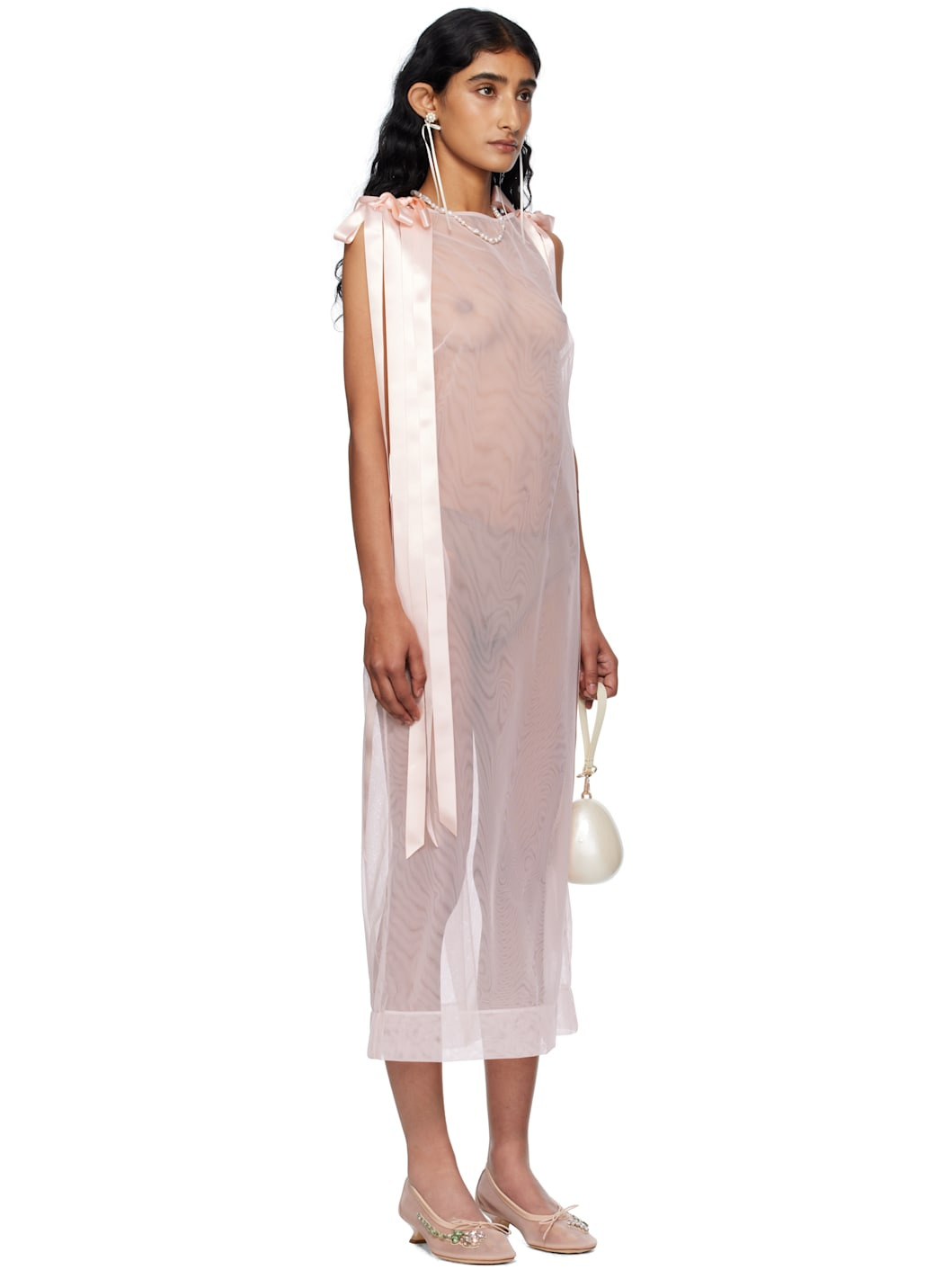 Pink Sheer Bow Ribbon Tail Midi Dress - 2