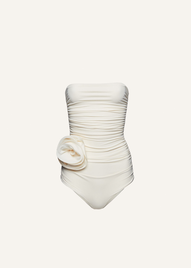 Flower appliqué strapless draped swimsuit in cream - 1